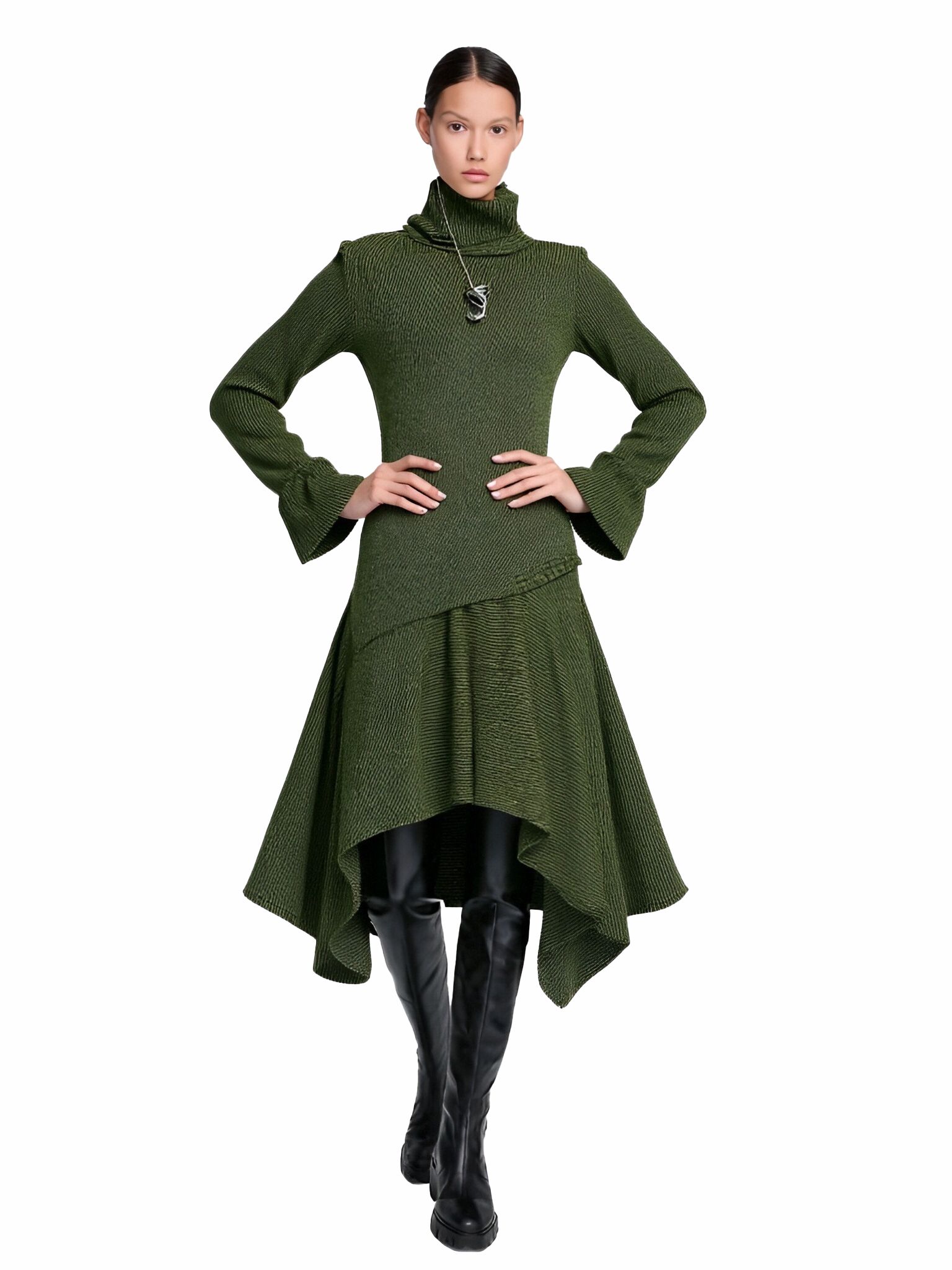 s070Military Green Textured Turtleneck Asymmetric Hem Knit Dress