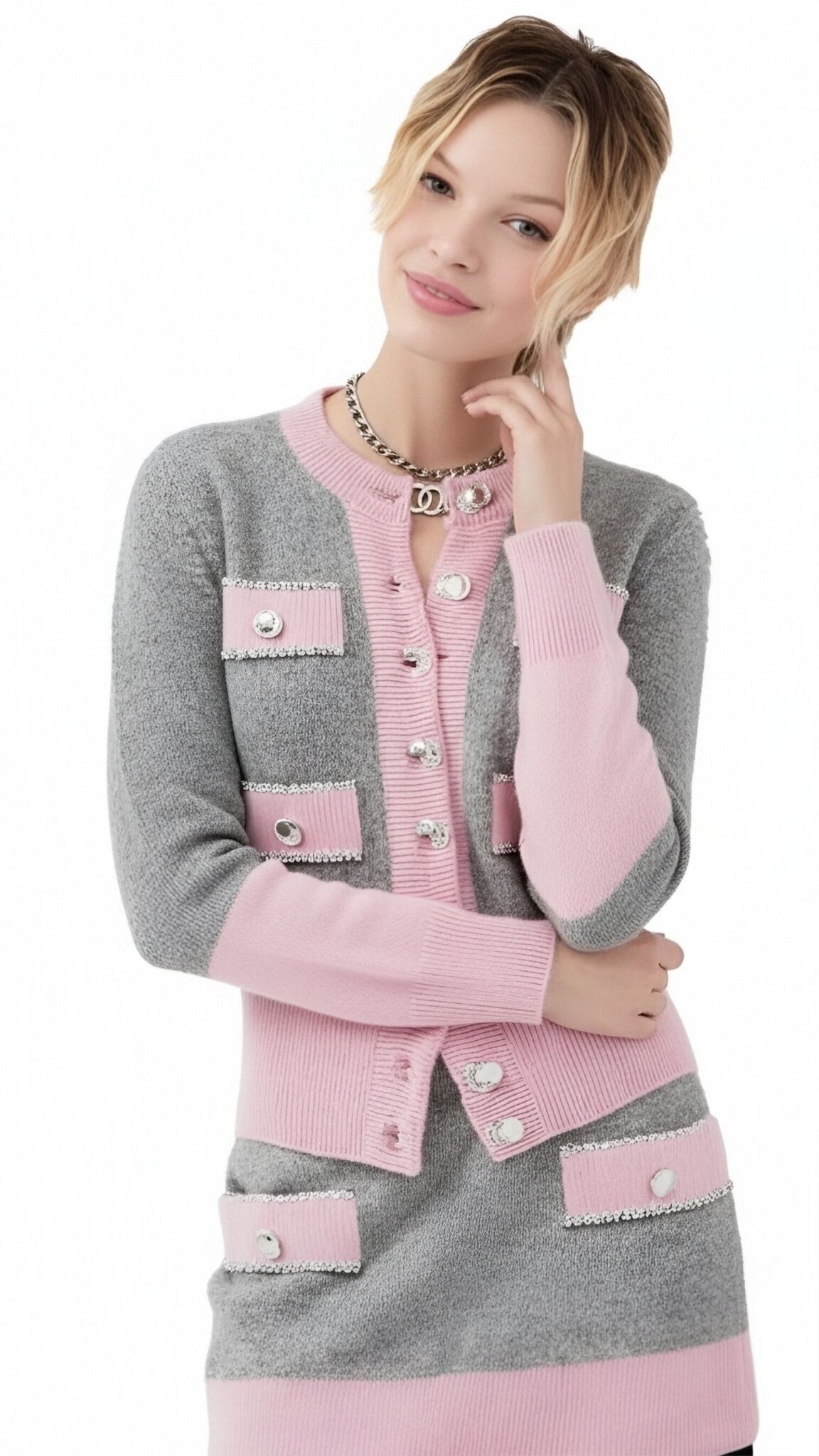  s075Pink & Grey Tweed-Style Knit Set