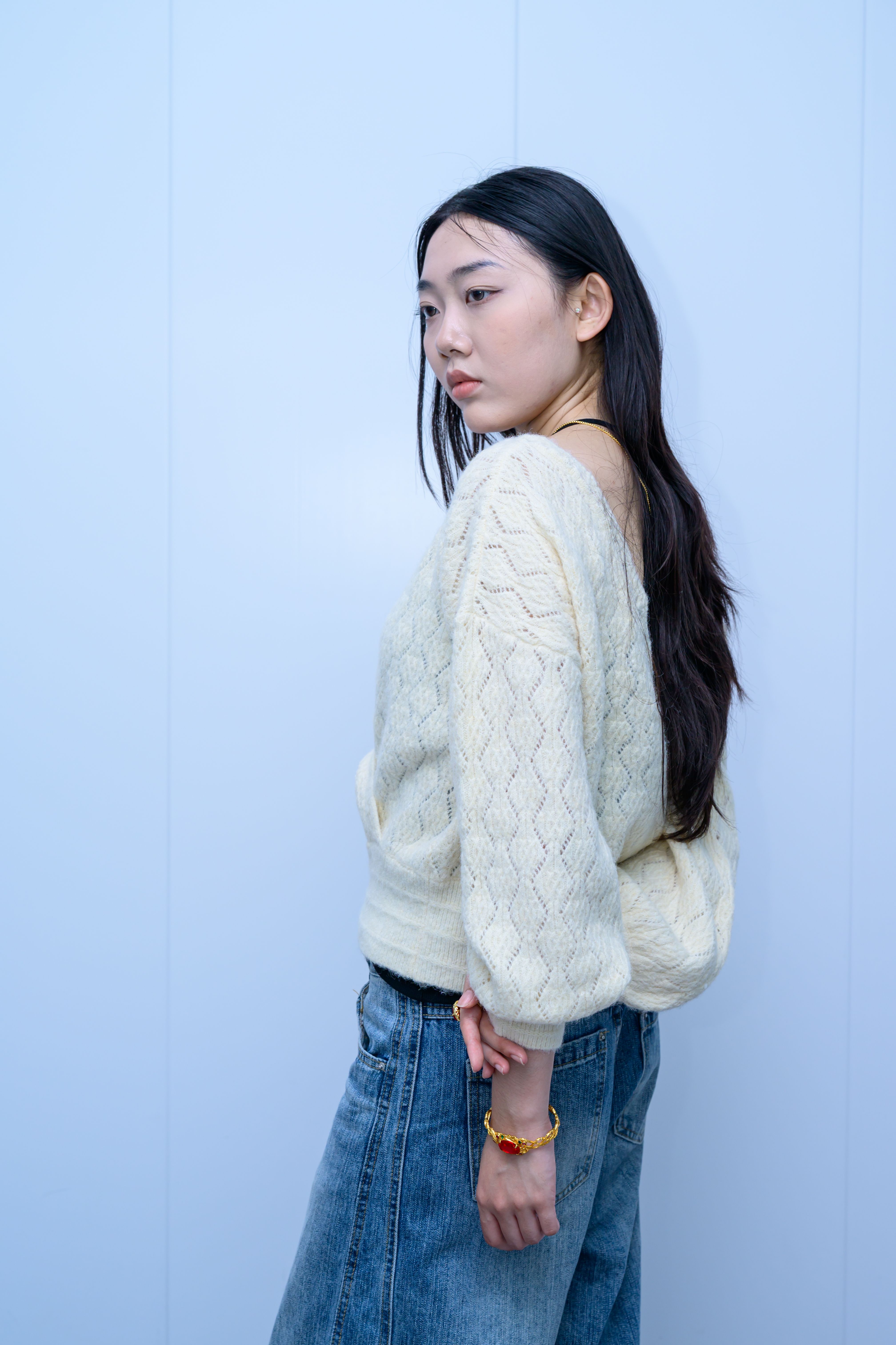 s055Cream Yellow Diamond Lace V-Neck Relaxed Knit