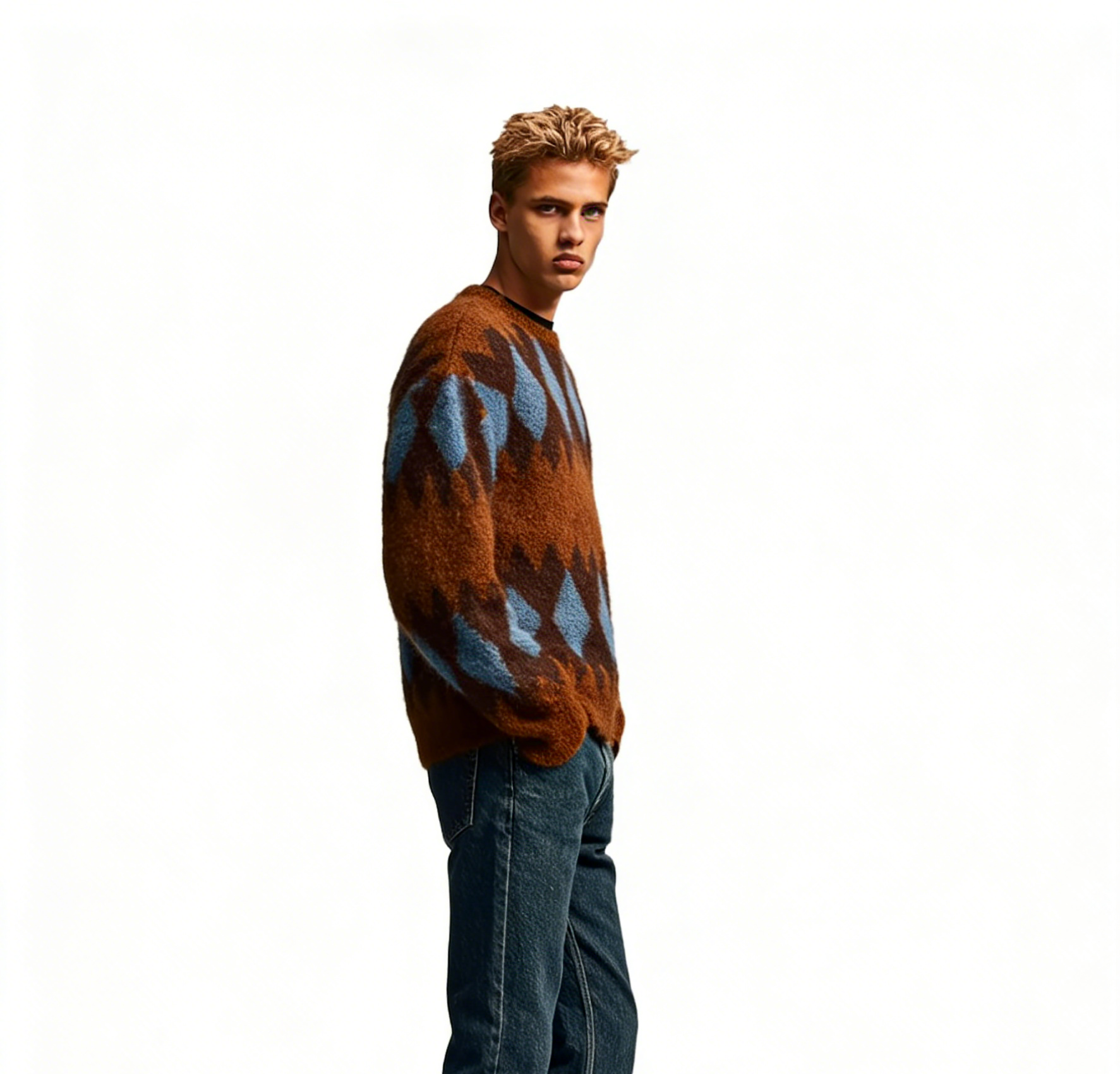 m015Brown & Blue Argyle Mohair Blend Crewneck Sweater