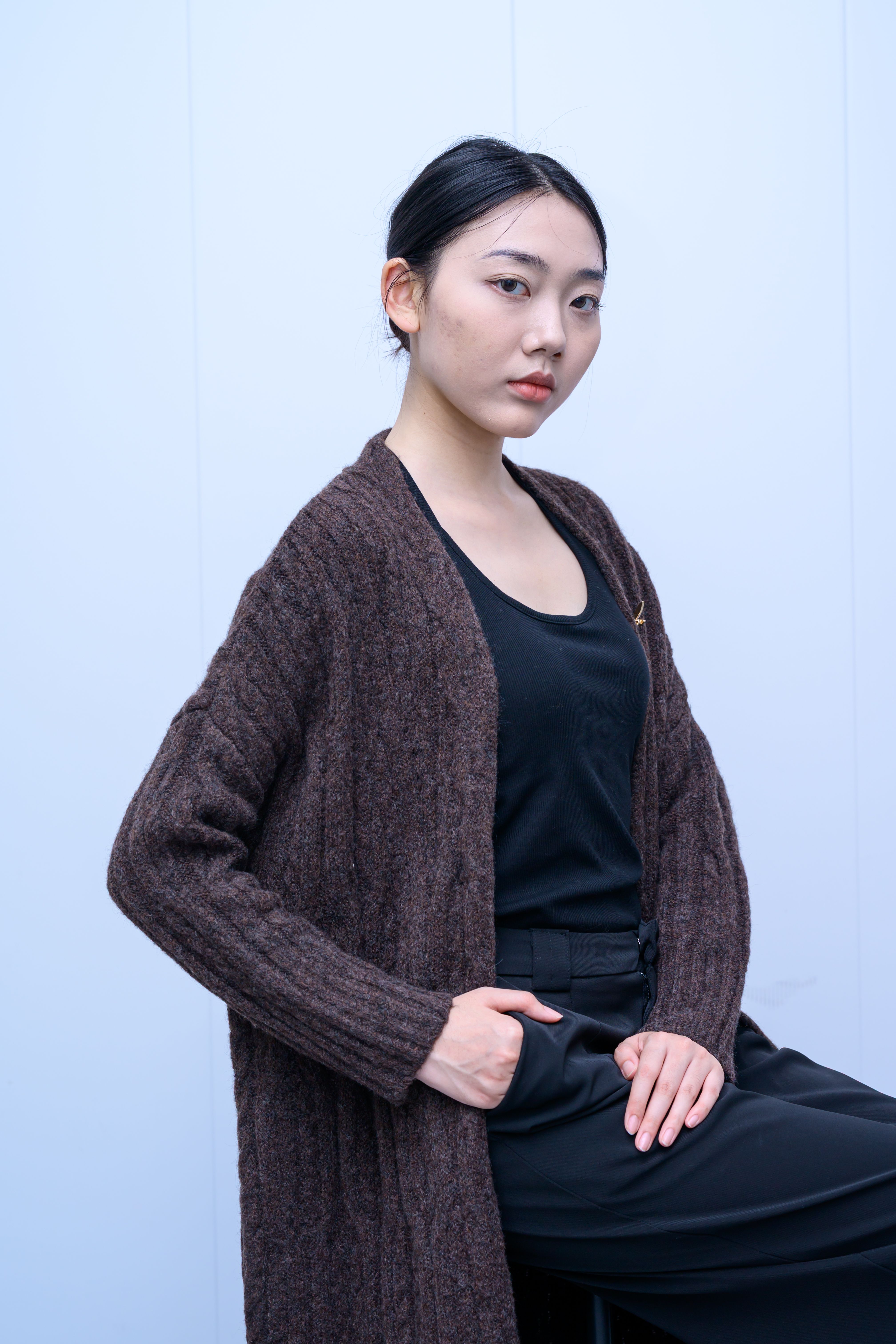 s034Dark Coffee Textured Longline Knit Cardigan