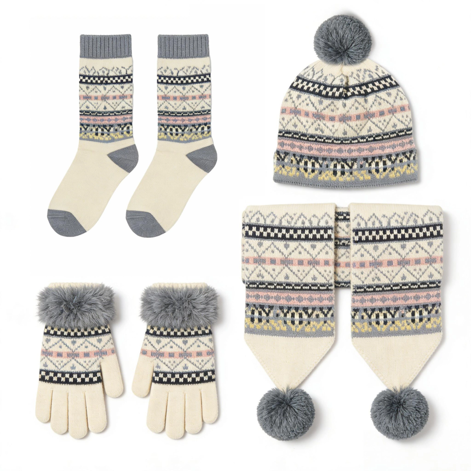 Nordic Fair Isle Pom Pom 4-Piece Winter Set