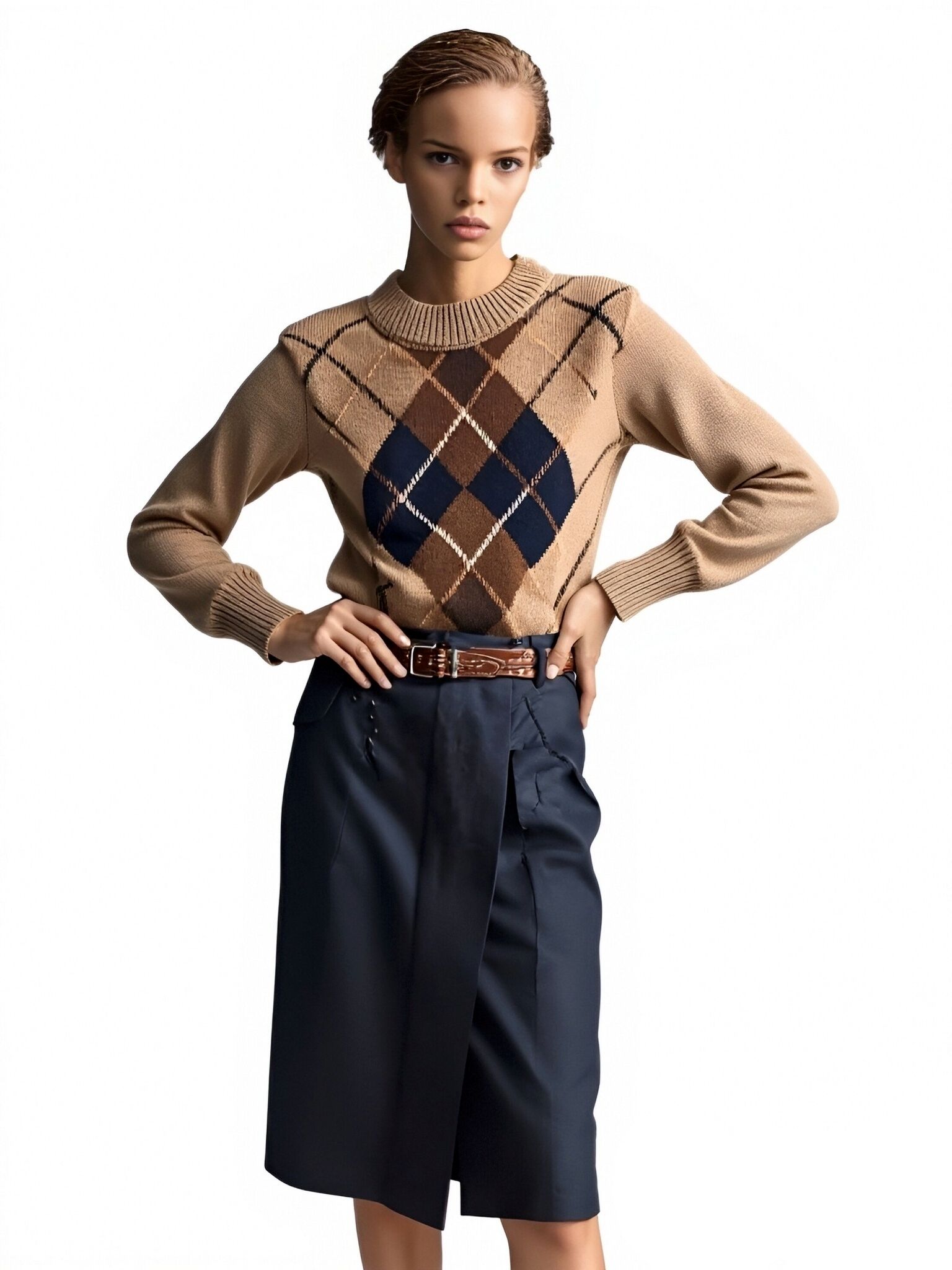 s095Camel Argyle Vintage Knit Sweater