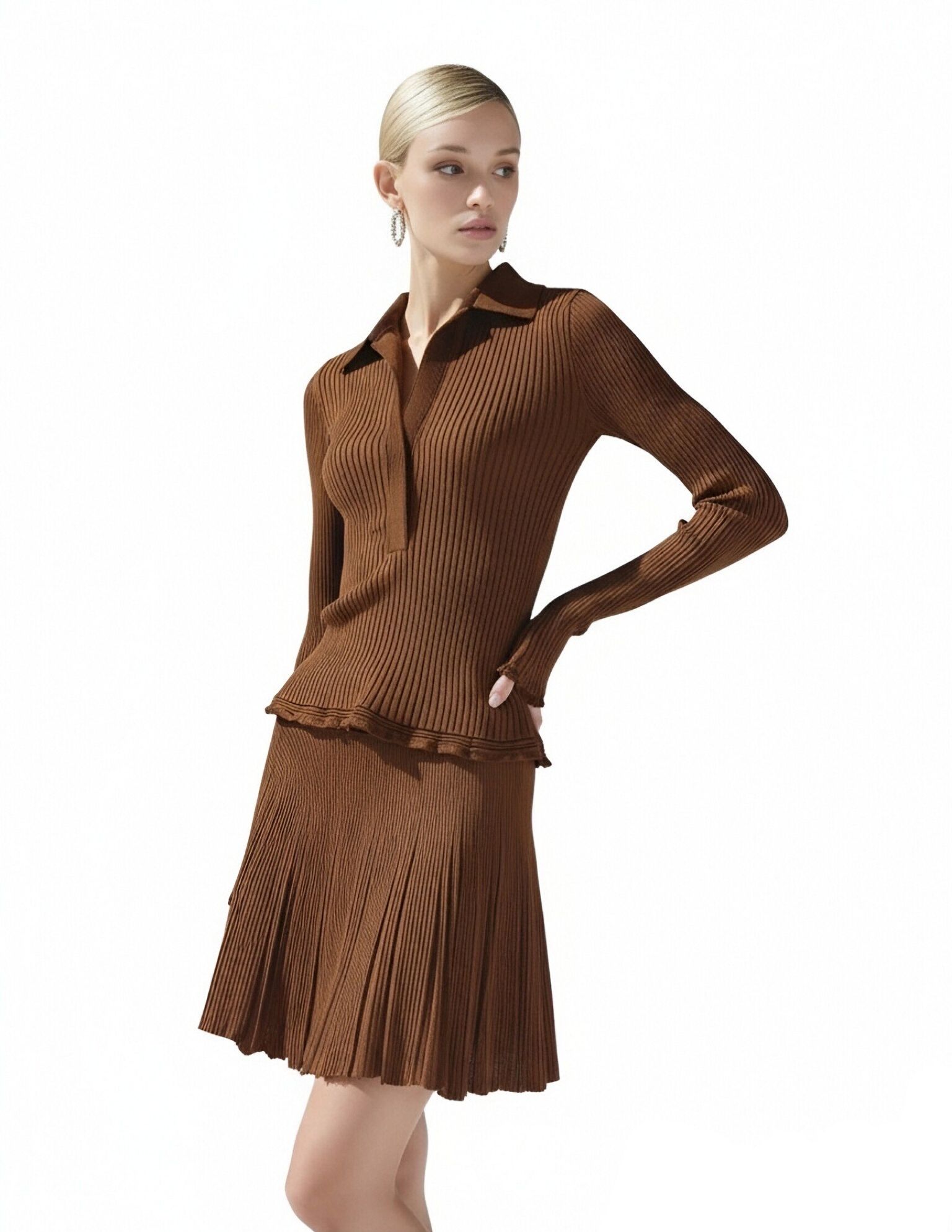 s093Caramel Vertical Rib Knit Set