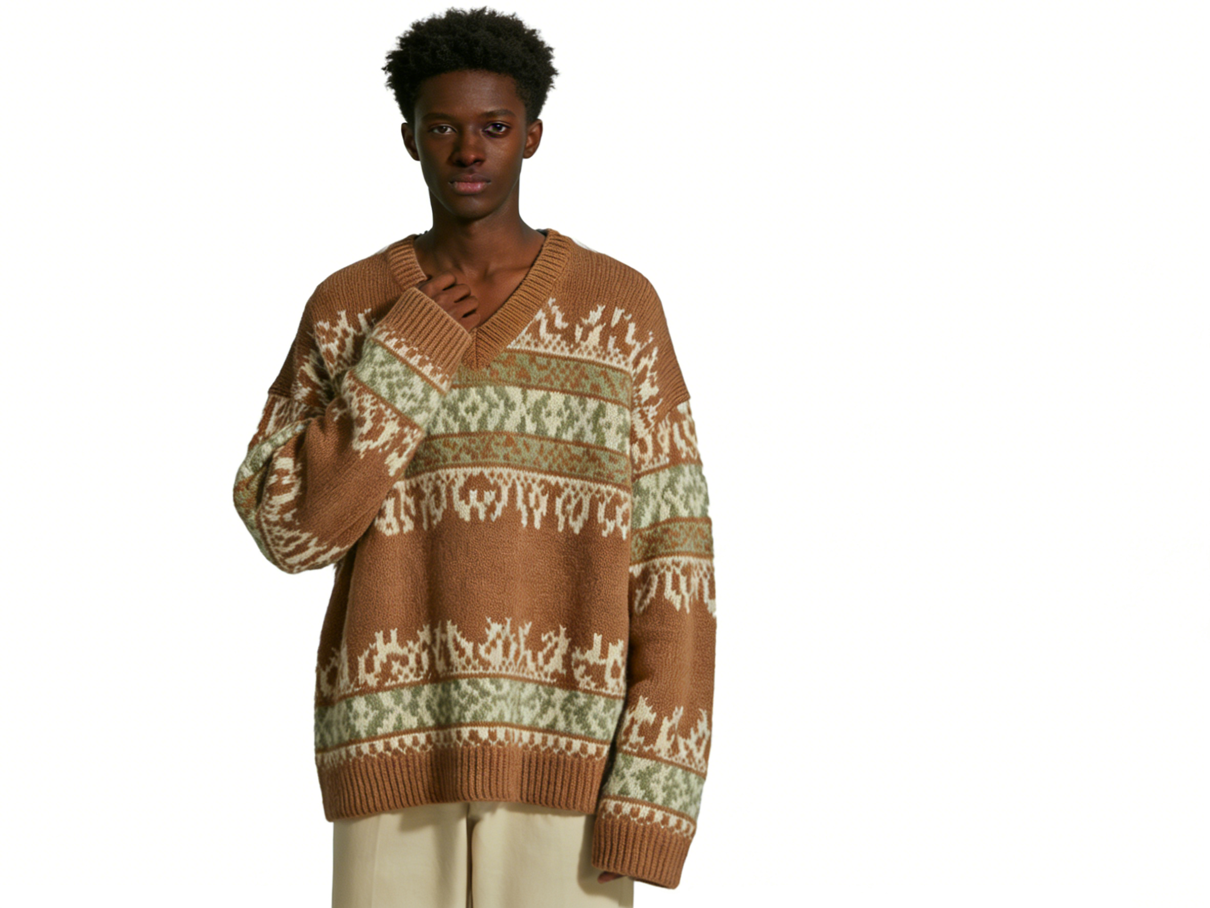 m027Forest Fair Isle V-Neck Striped Jacquard Knit Sweater