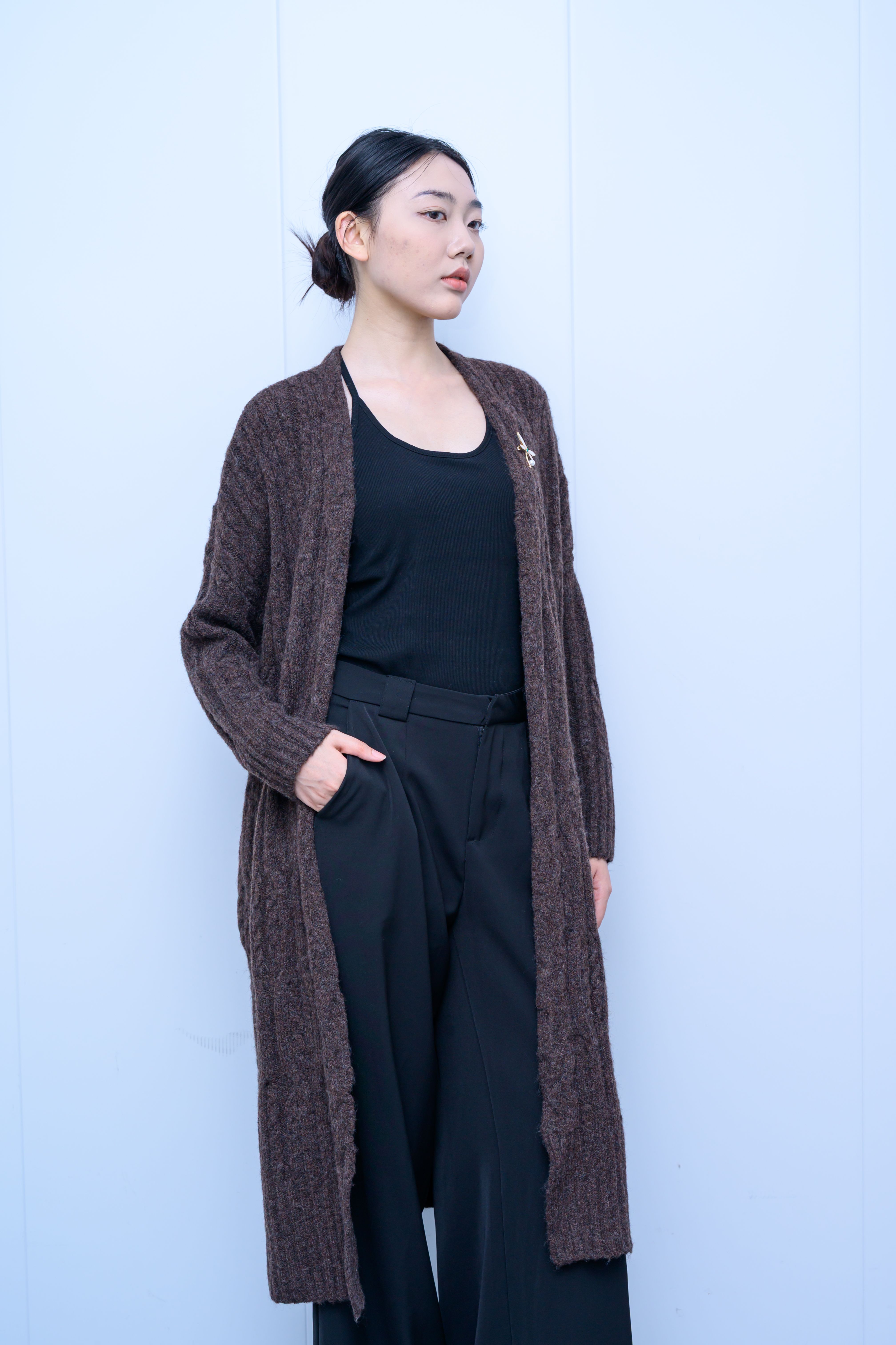 s034Dark Coffee Textured Longline Knit Cardigan
