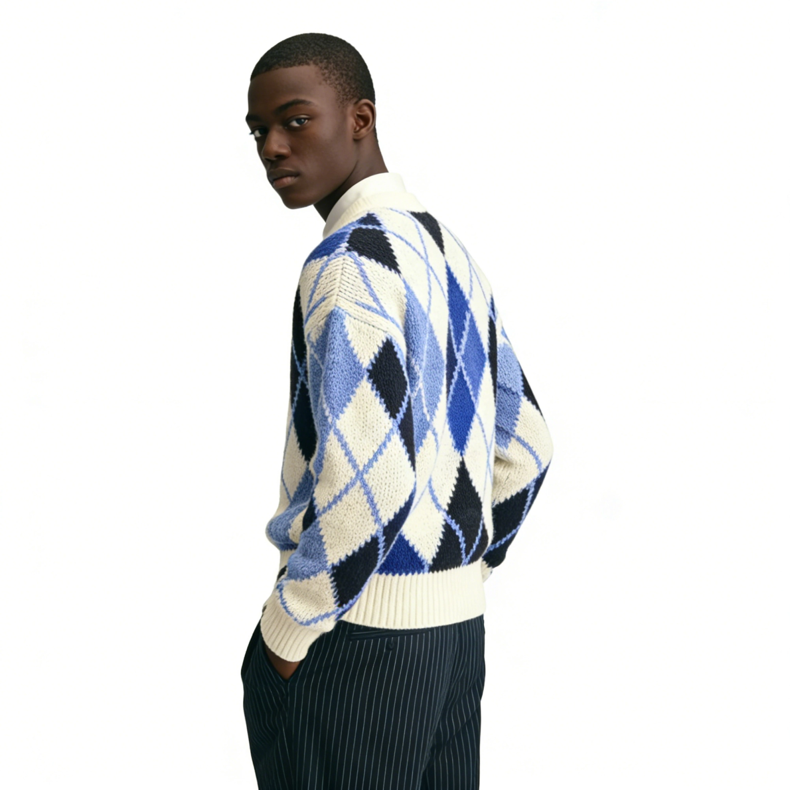 m009Ice Blue Argyle Intarsia Knit Sweater