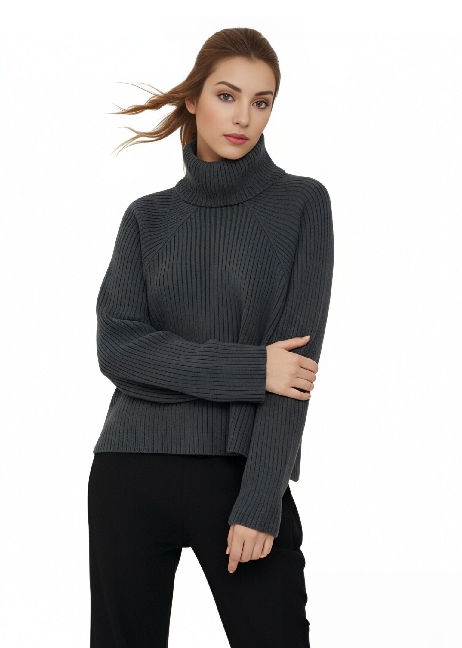 s105Charcoal Ribbed Turtleneck Knit Sweater