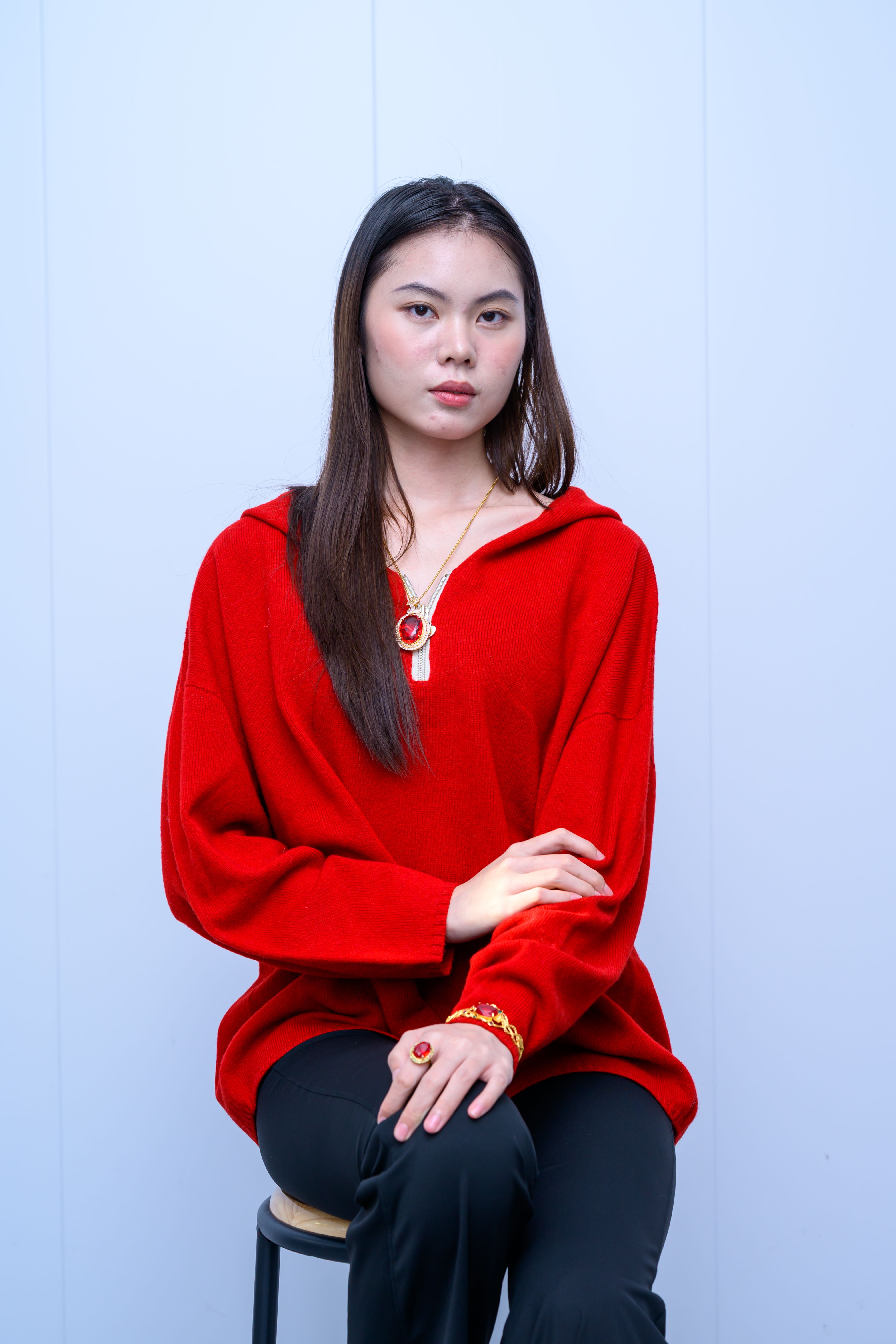 s029Bright Red Oversized Hooded Knit Sweater