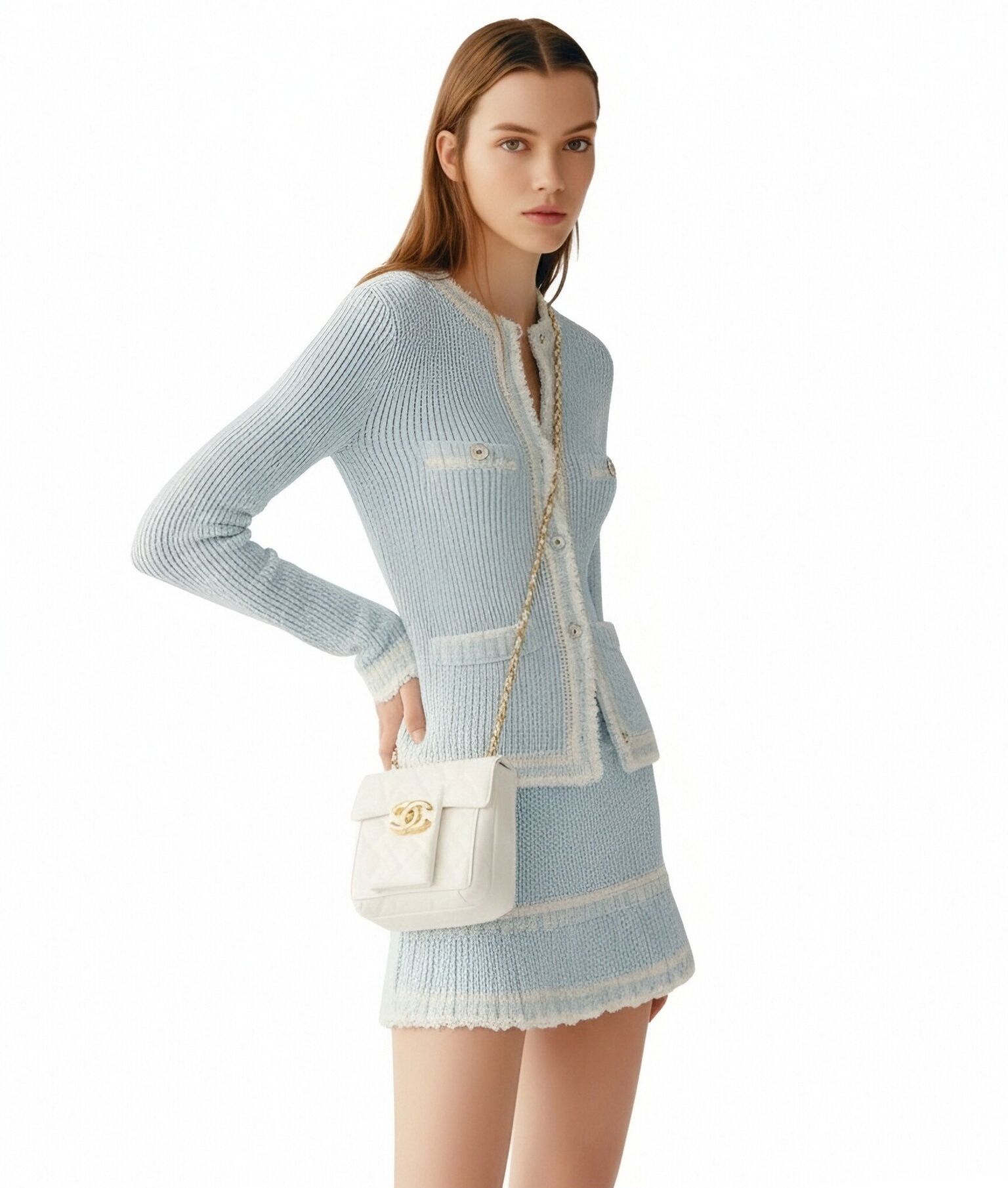 s089Light Blue Tweed-Style Knit Set