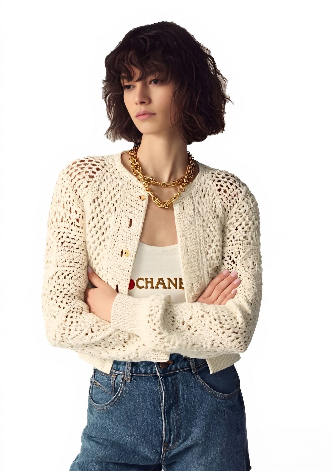 s101Off-White Crochet Knit Tweed-Style Cardigan