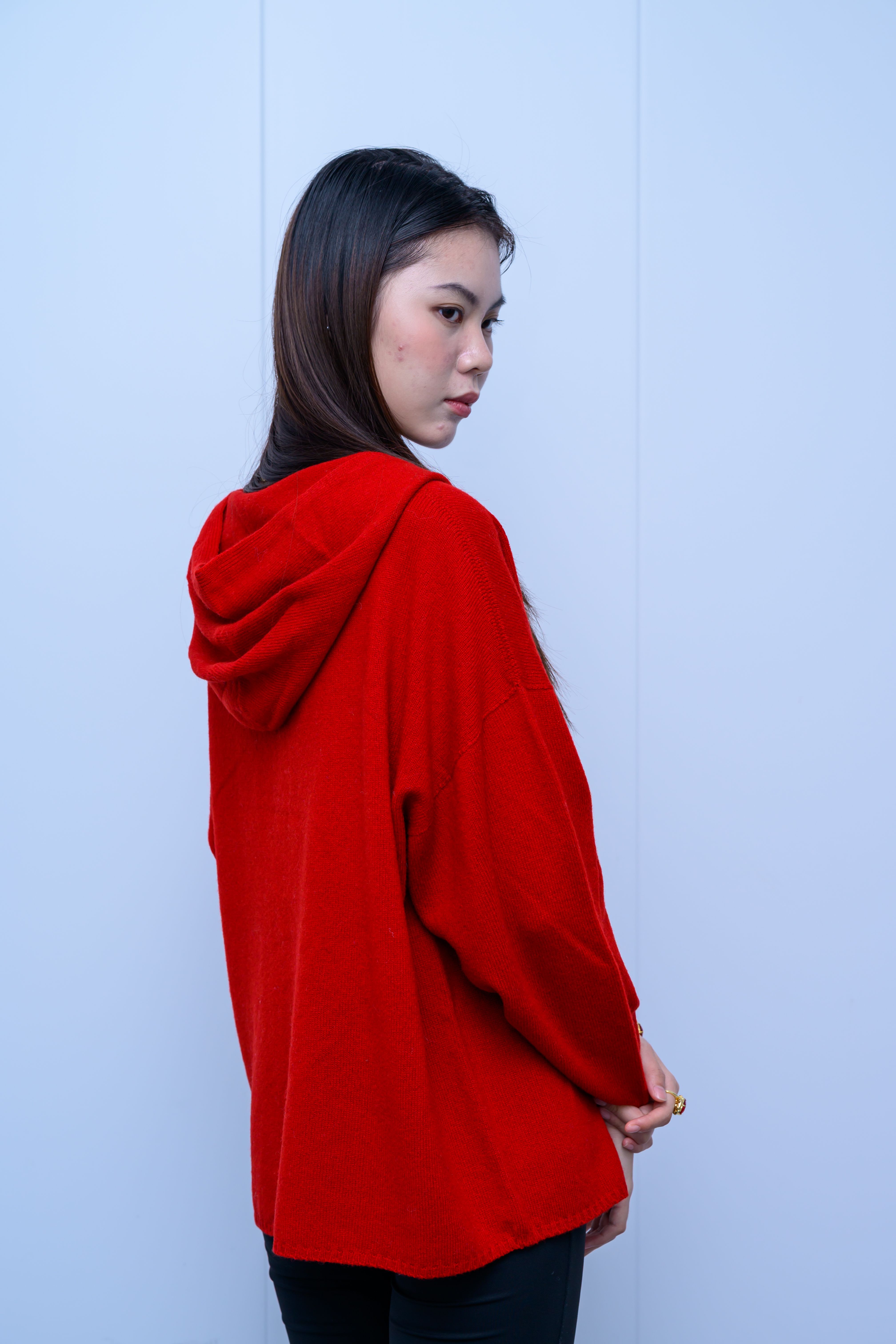 s029Bright Red Oversized Hooded Knit Sweater