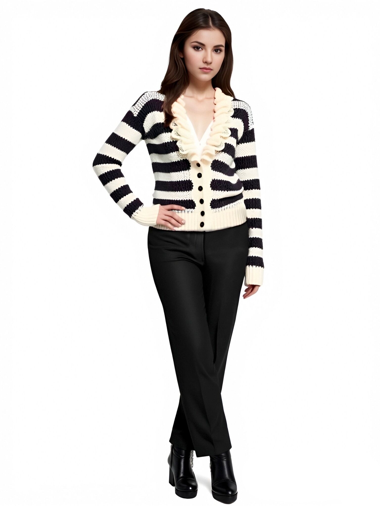 s082Black & White Striped Ruffled Knit Cardigan