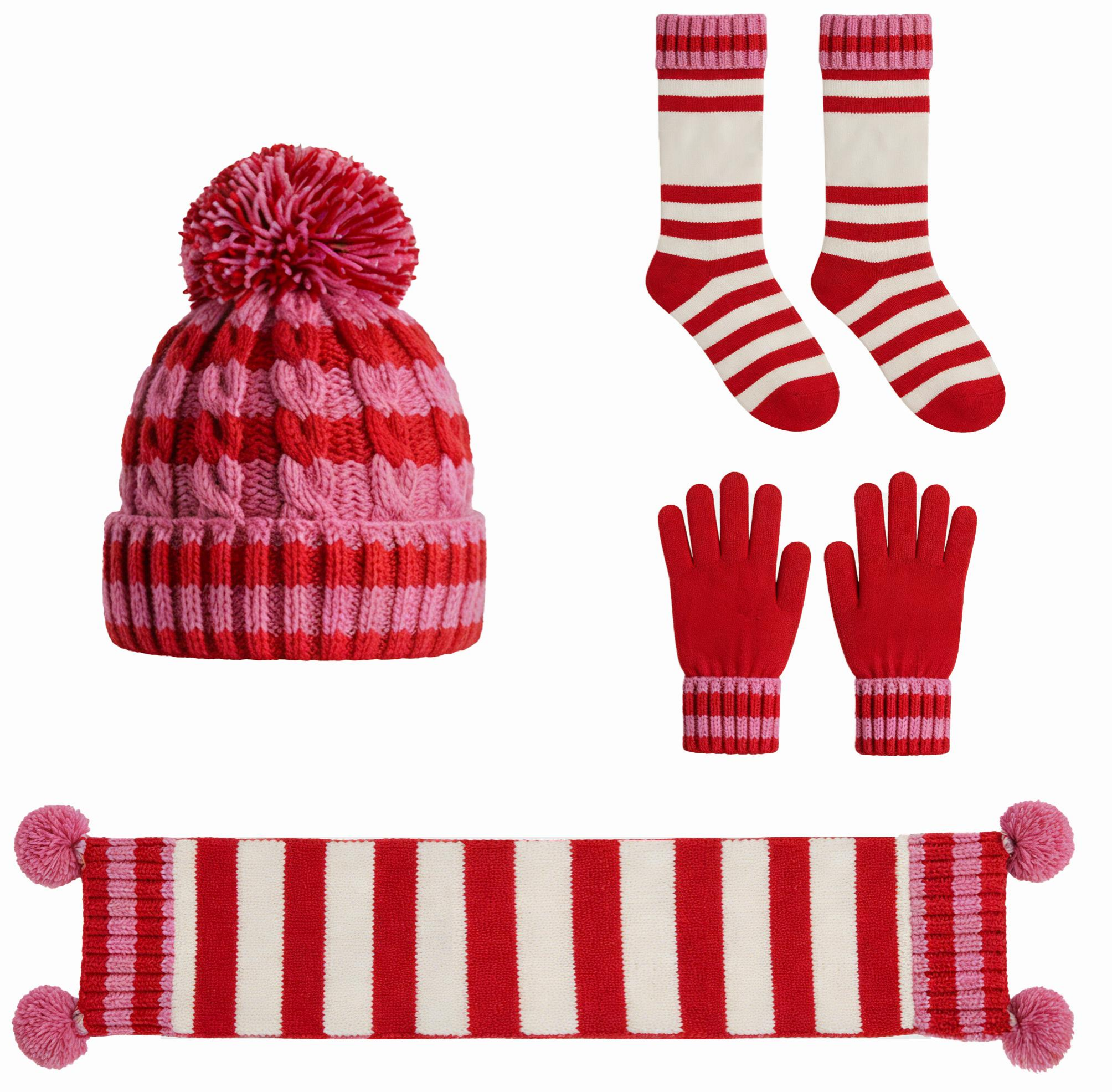 Cable Knit Stripe Pom Pom 4-Piece Winter Set