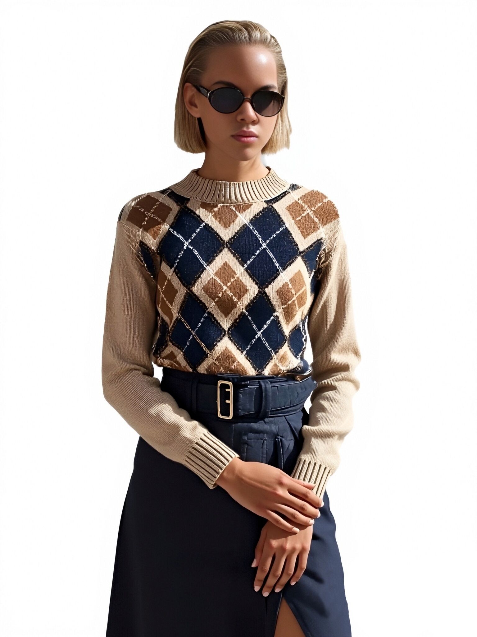 s094Camel & Navy Argyle Mock Neck Knit Sweater