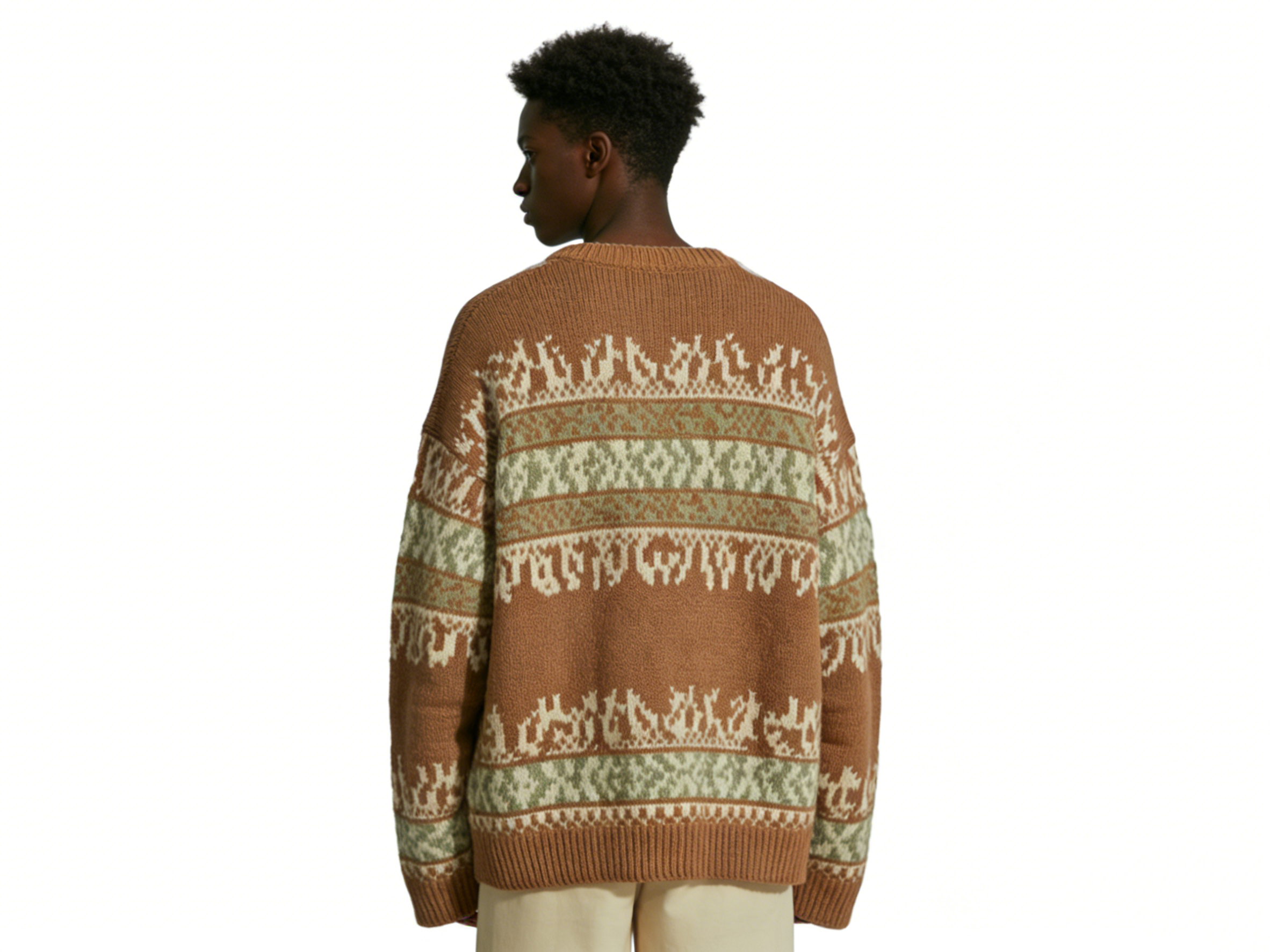 m027Forest Fair Isle V-Neck Striped Jacquard Knit Sweater