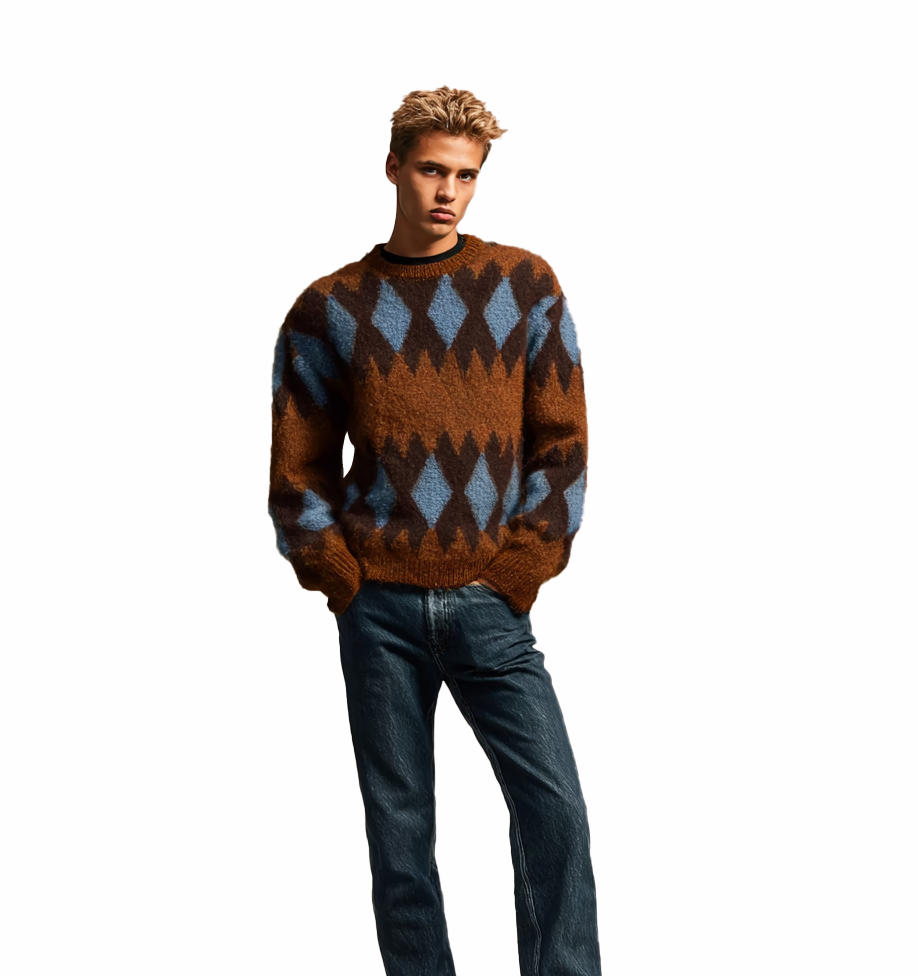 m015Brown & Blue Argyle Mohair Blend Crewneck Sweater