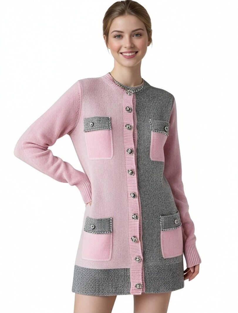 s074Pink & Grey Asymmetric Tweed-Style Knit Cardigan Dress