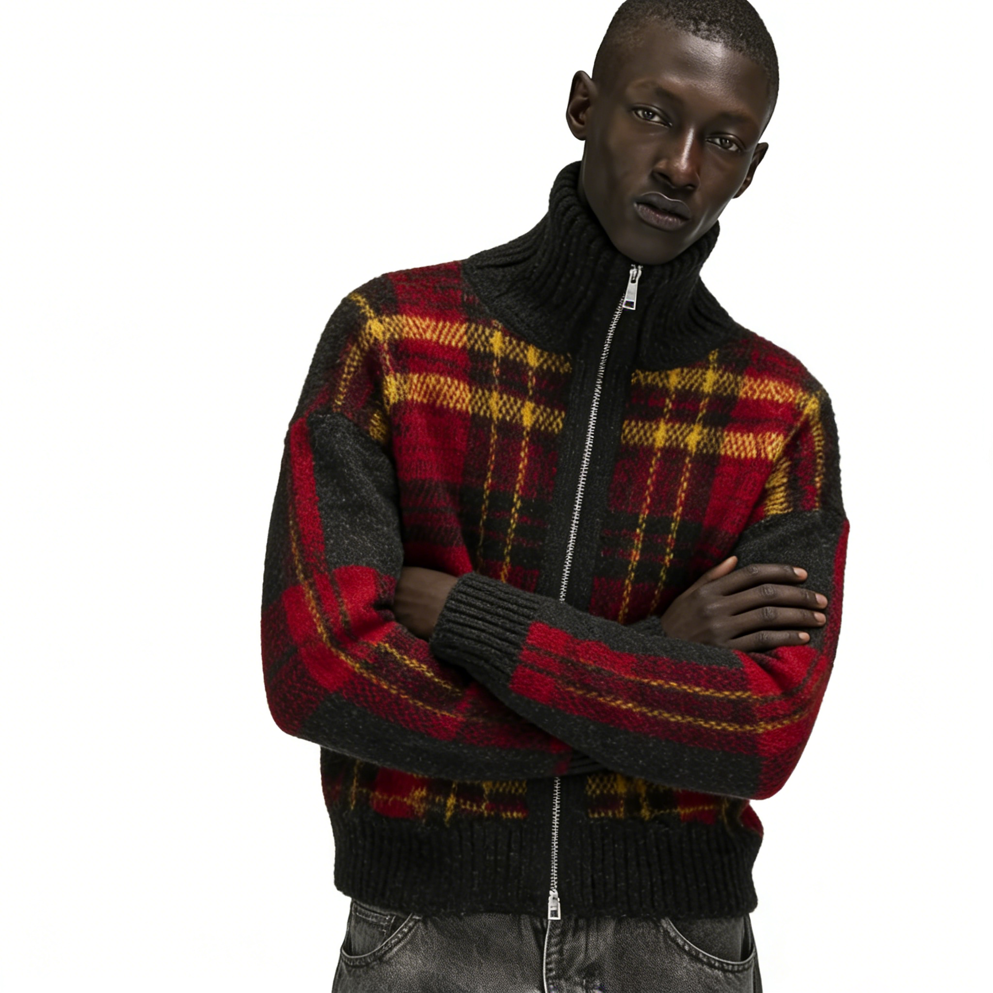 m010Flame Plaid Half-Zip Turtleneck Knit Cardigan