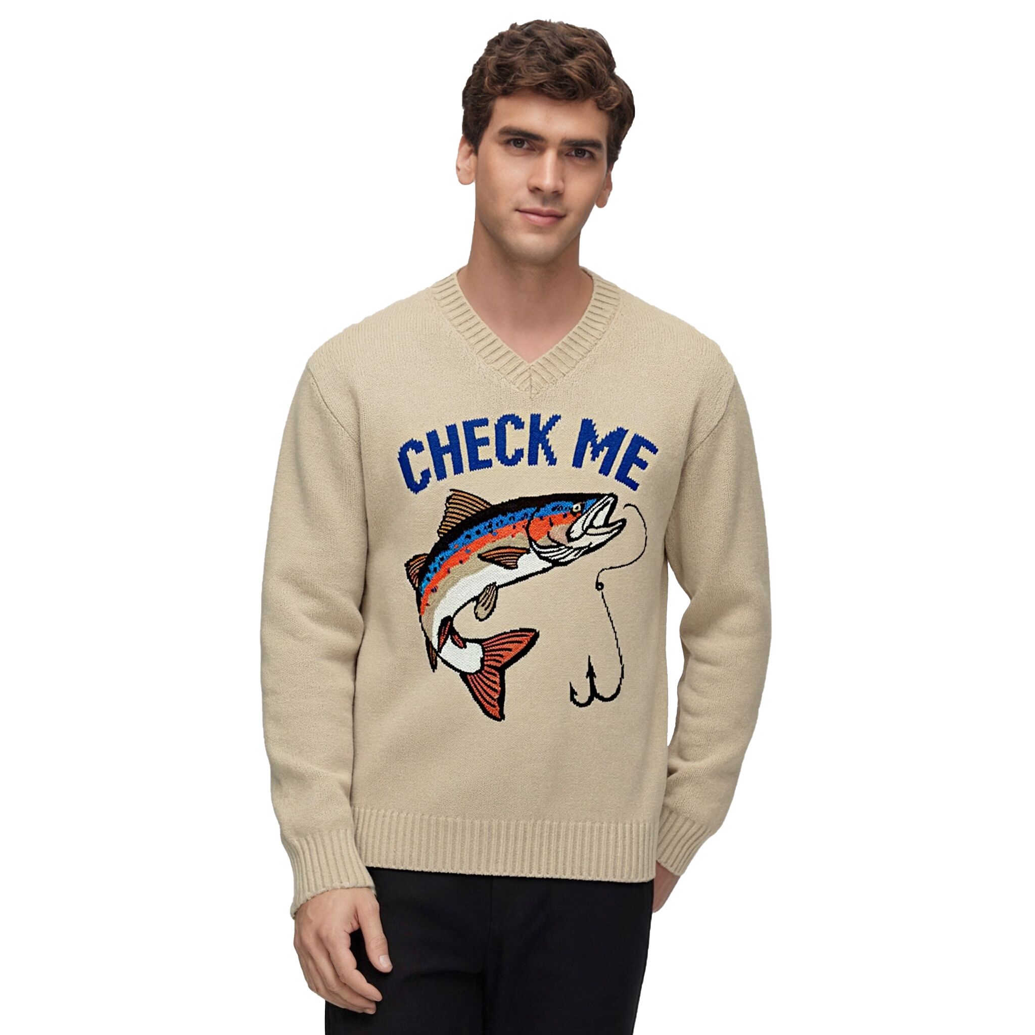 m024"Check Me" Trout Graphic V-Neck Knit Sweater