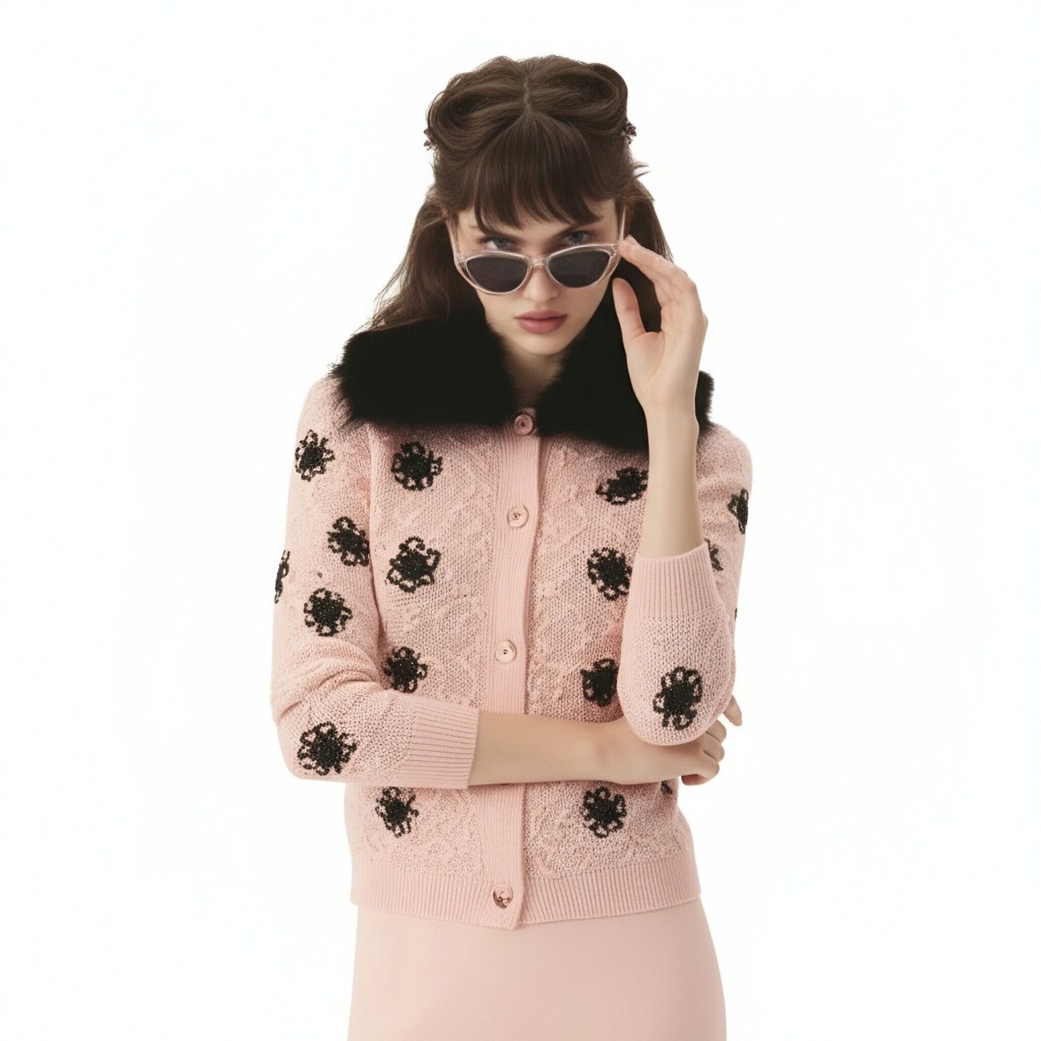 s099Sakura Pink 3D Floral Jacquard Furry Collar Knit Cardigan