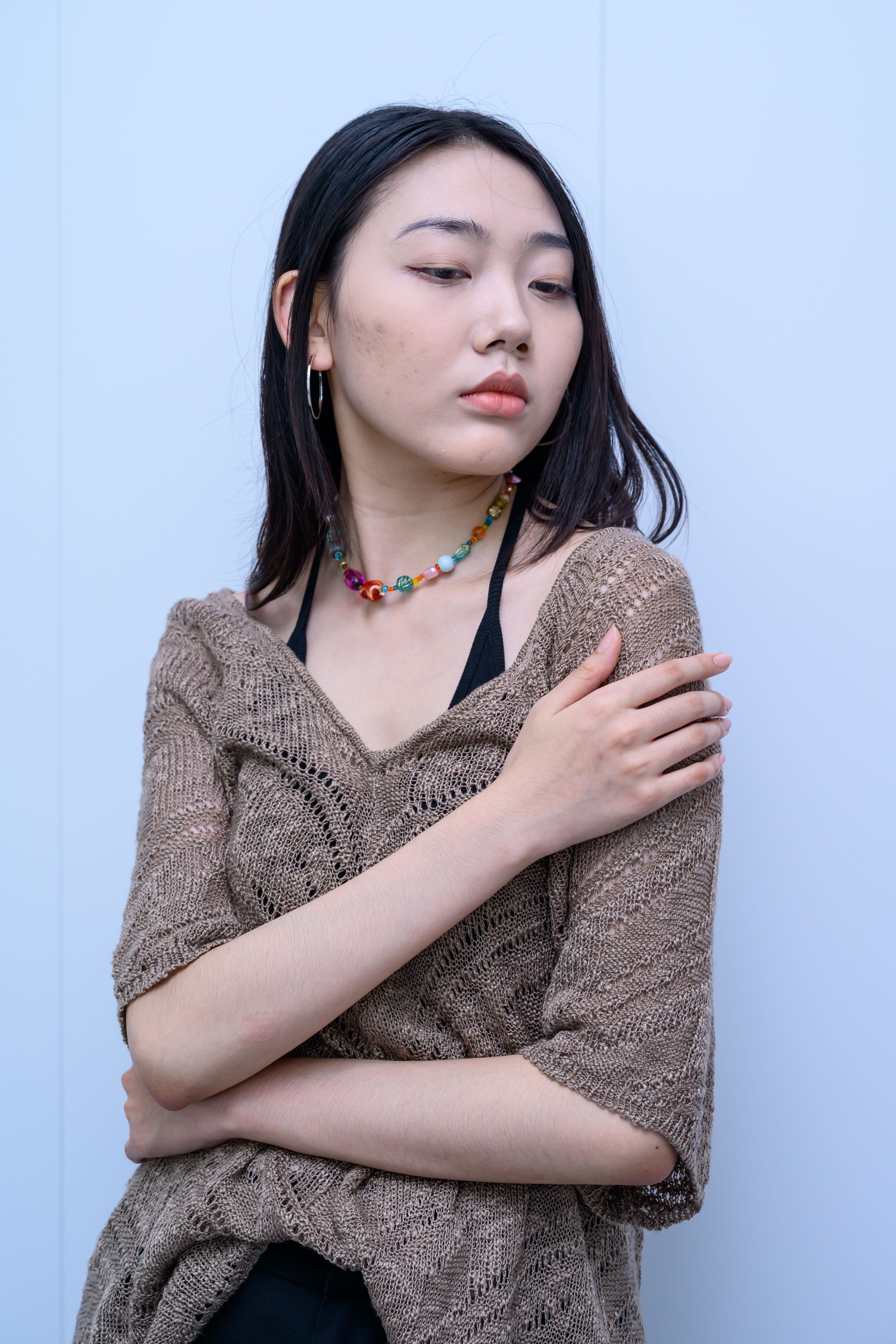 s027Coffee Brown Diagonal Hollow-Out Off-Shoulder Knit Top