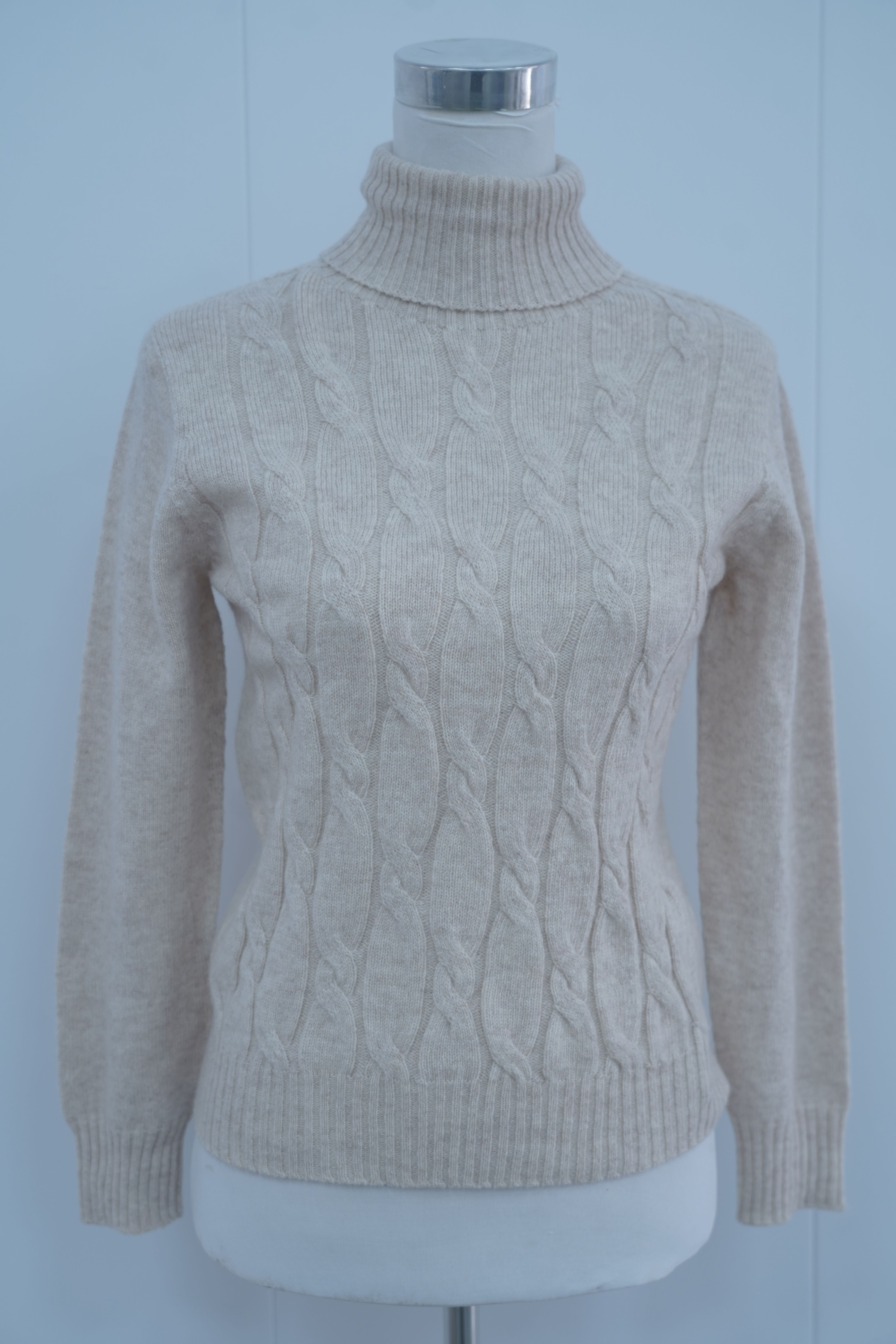 s013Beige Apricot Mock Neck Full Cable-Knit Sweater