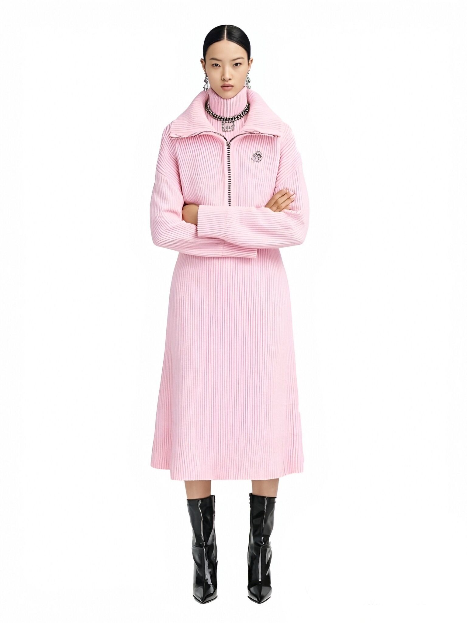 s076Sakura Pink Ribbed Half-Zip Knit Set