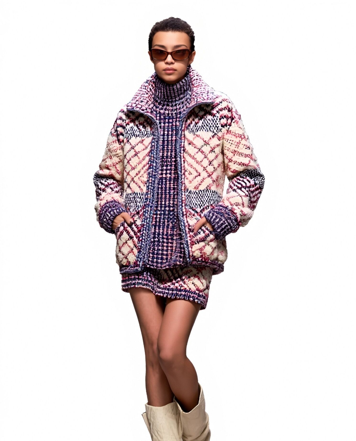 s062Pink & Blue Checkered Textured Knit 3-Piece Set