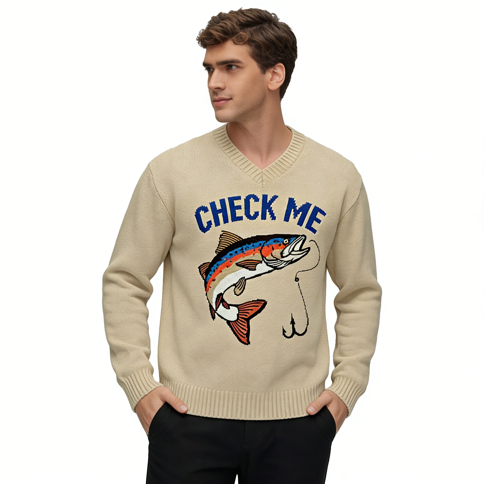 m024"Check Me" Trout Graphic V-Neck Knit Sweater