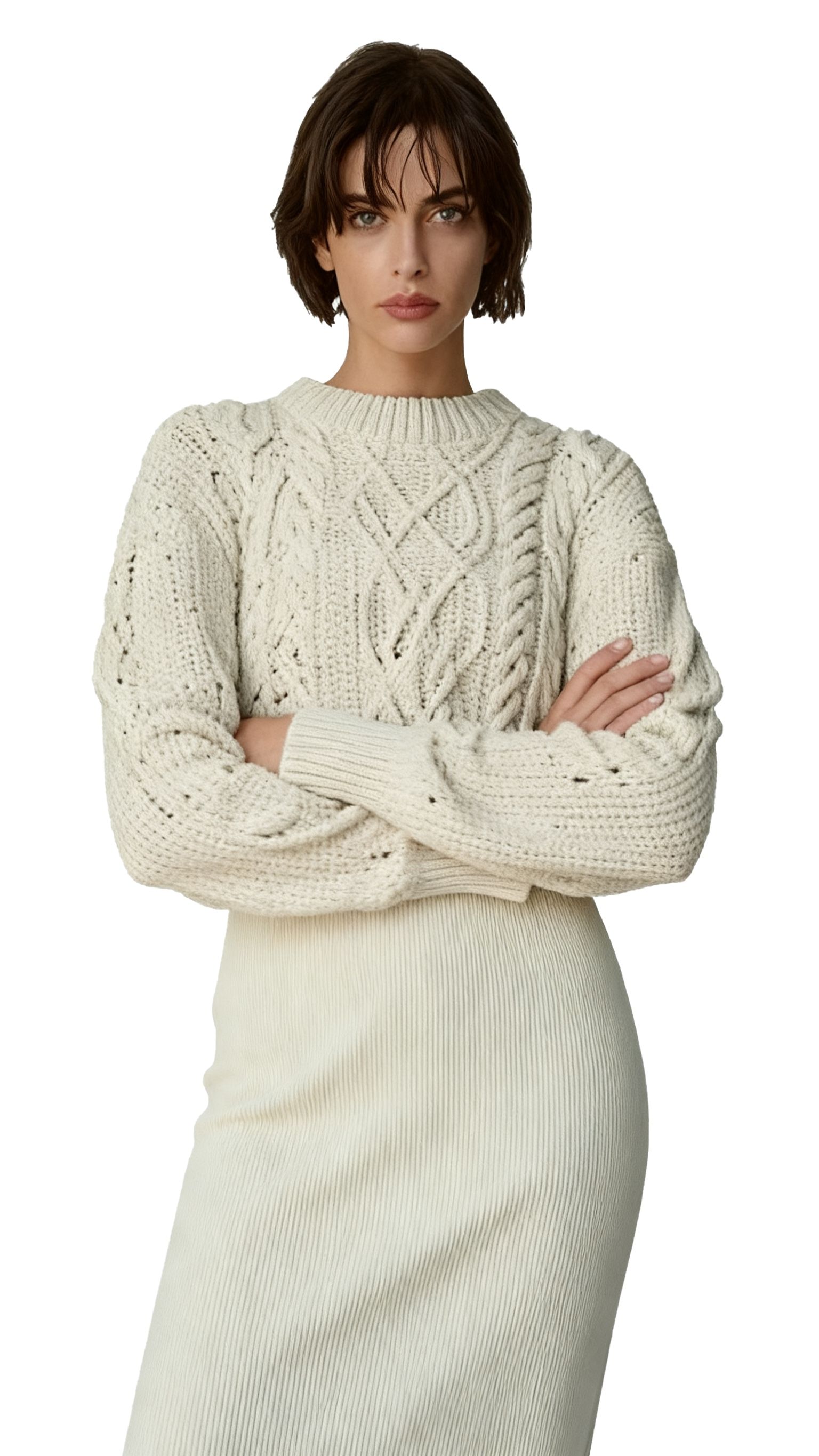 s073Off-White Cable Knit Sweater & Ribbed Skirt Set