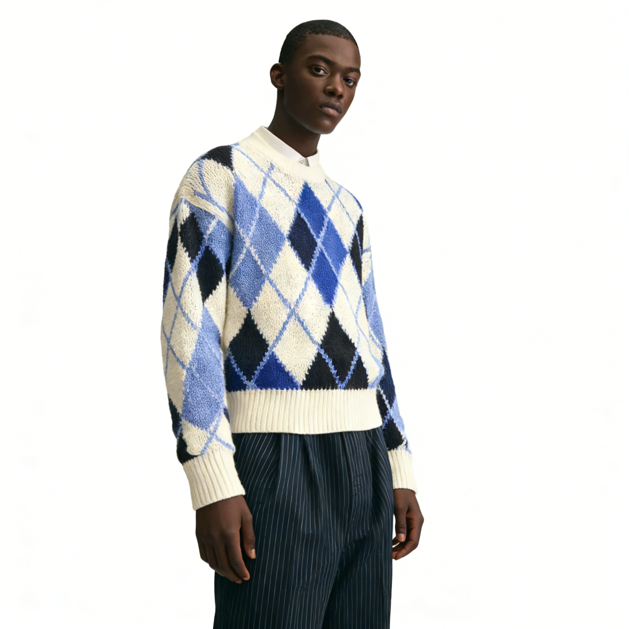 m009Ice Blue Argyle Intarsia Knit Sweater