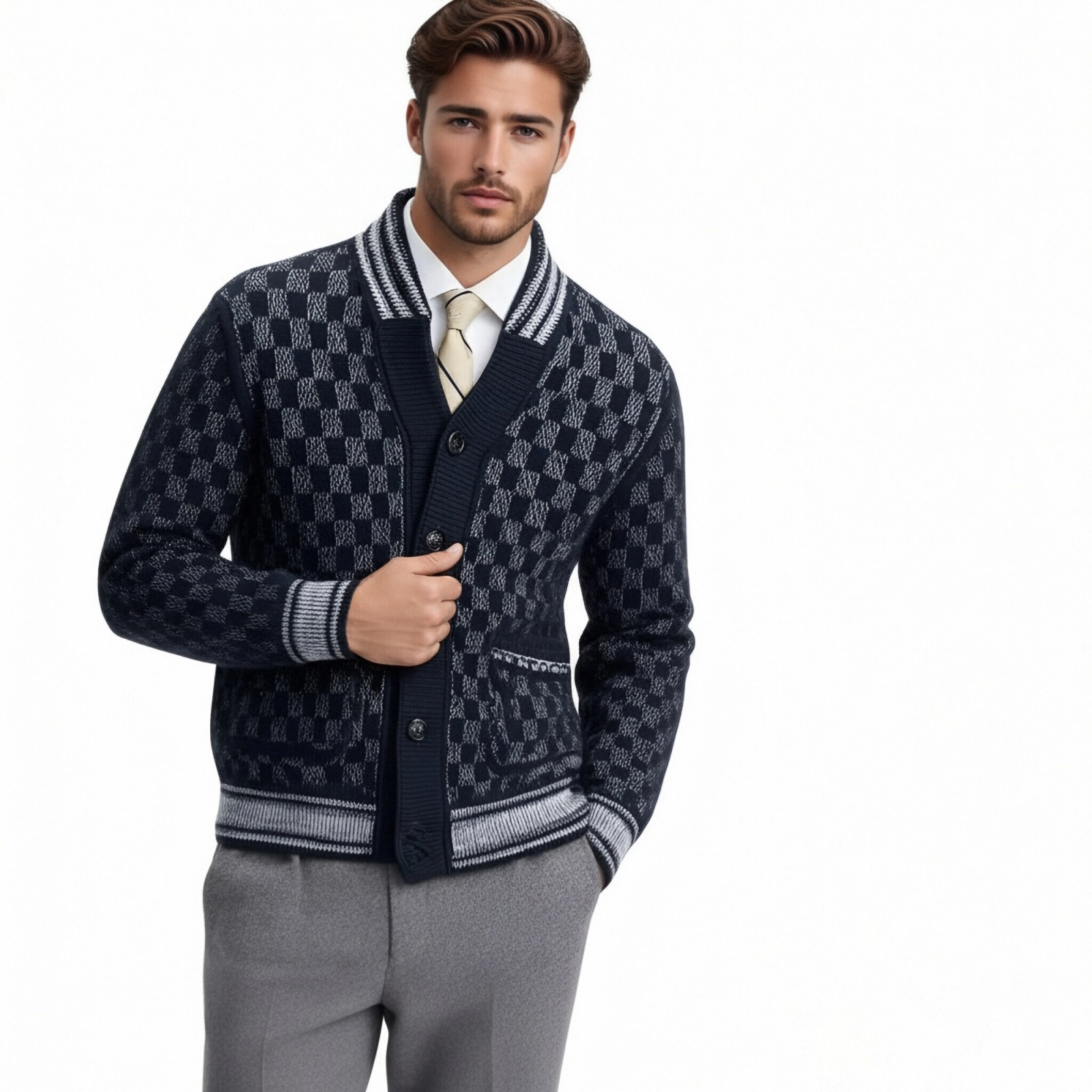 m014Navy Checkerboard Shawl Collar Knit Cardigan