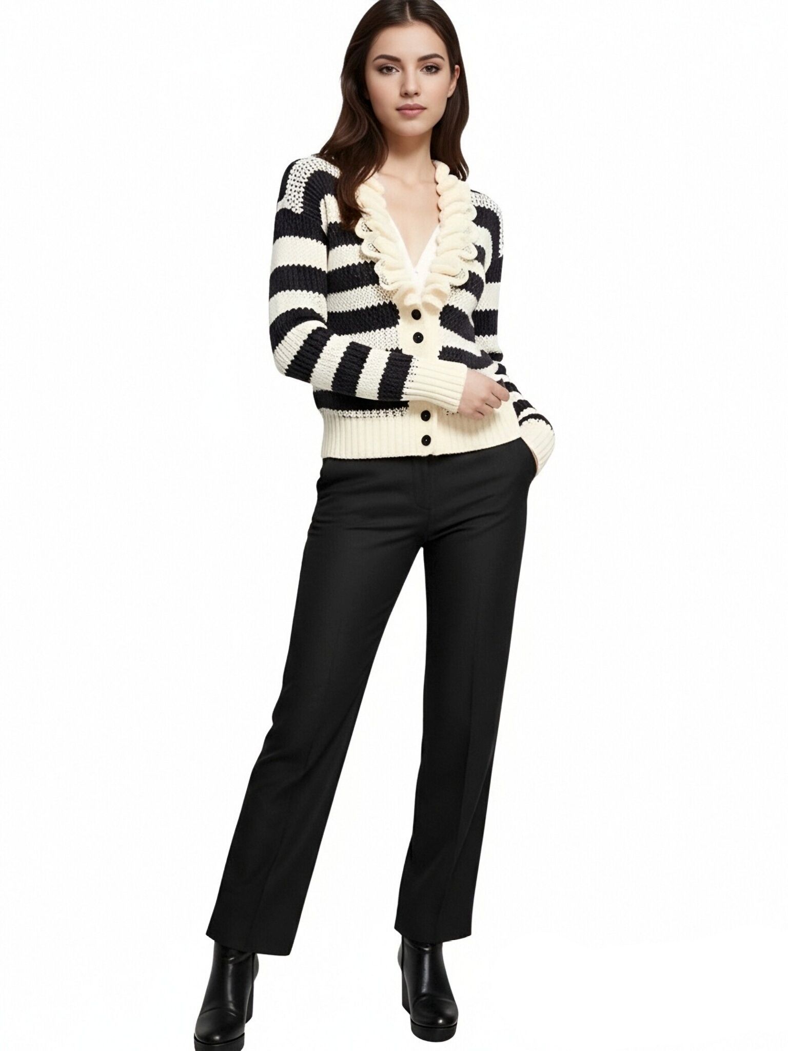 s082Black & White Striped Ruffled Knit Cardigan