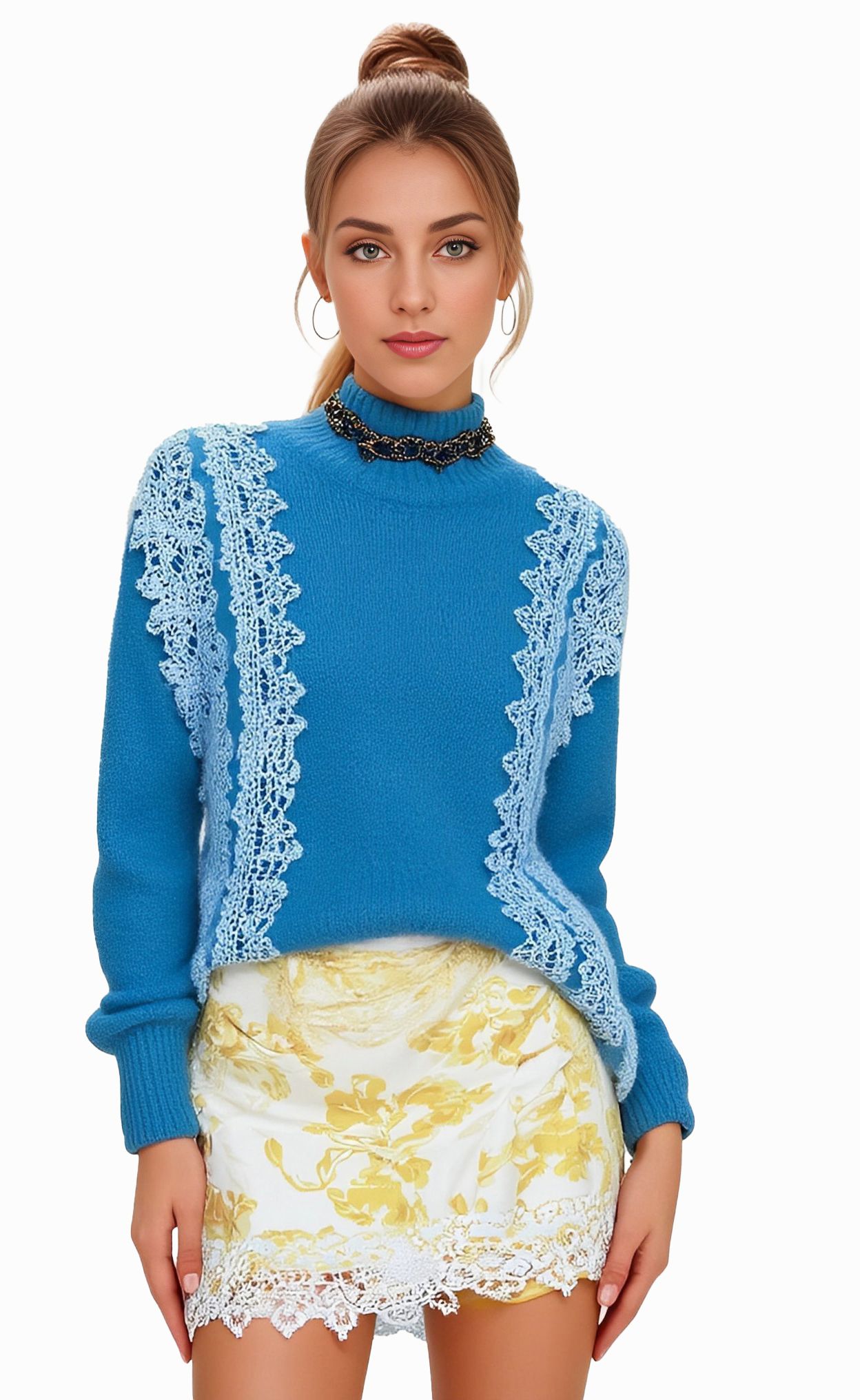 s068Klein Blue Diagonal Lace Panel Mock Neck Knit Sweater
