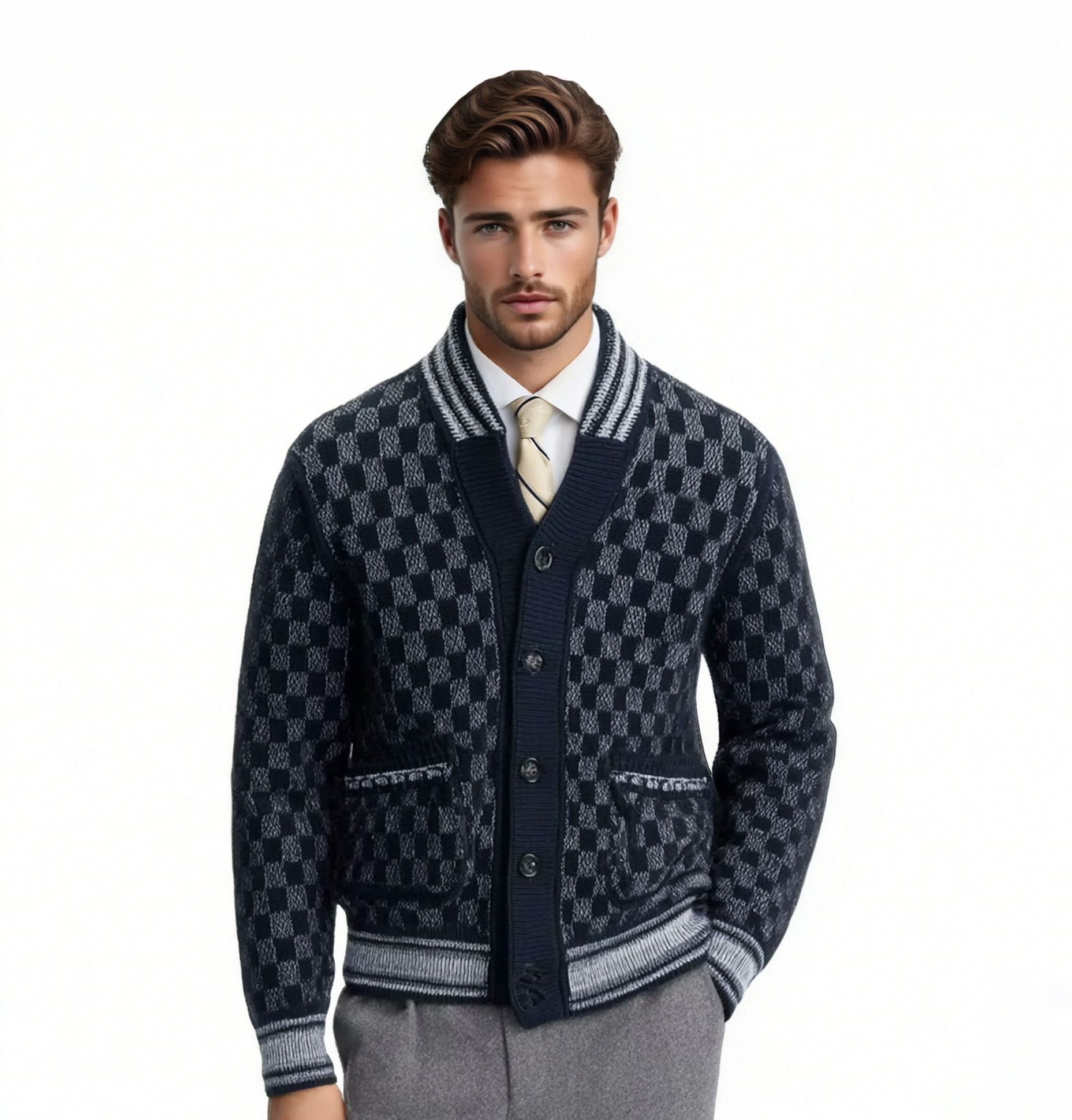 m014Navy Checkerboard Shawl Collar Knit Cardigan