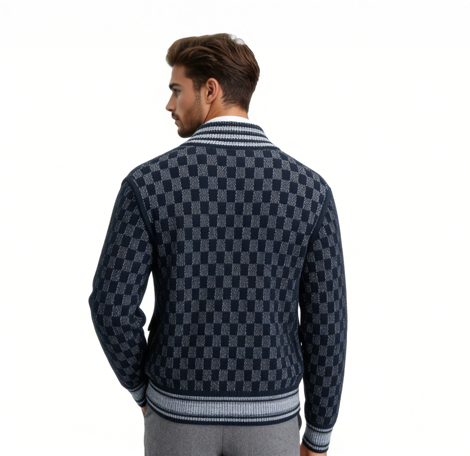 m014Navy Checkerboard Shawl Collar Knit Cardigan