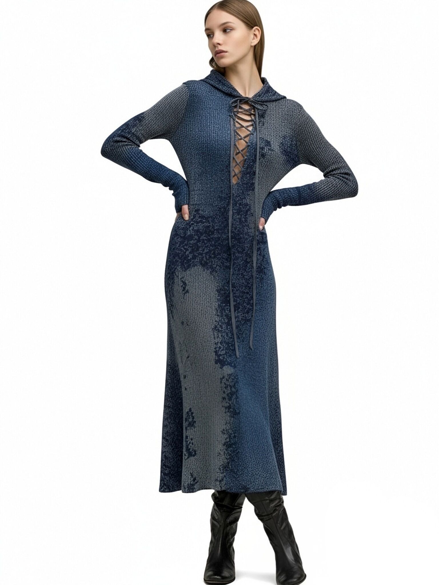 s091Blue-Grey Tie-Dye Hooded Lace-Up Knit Maxi Dress