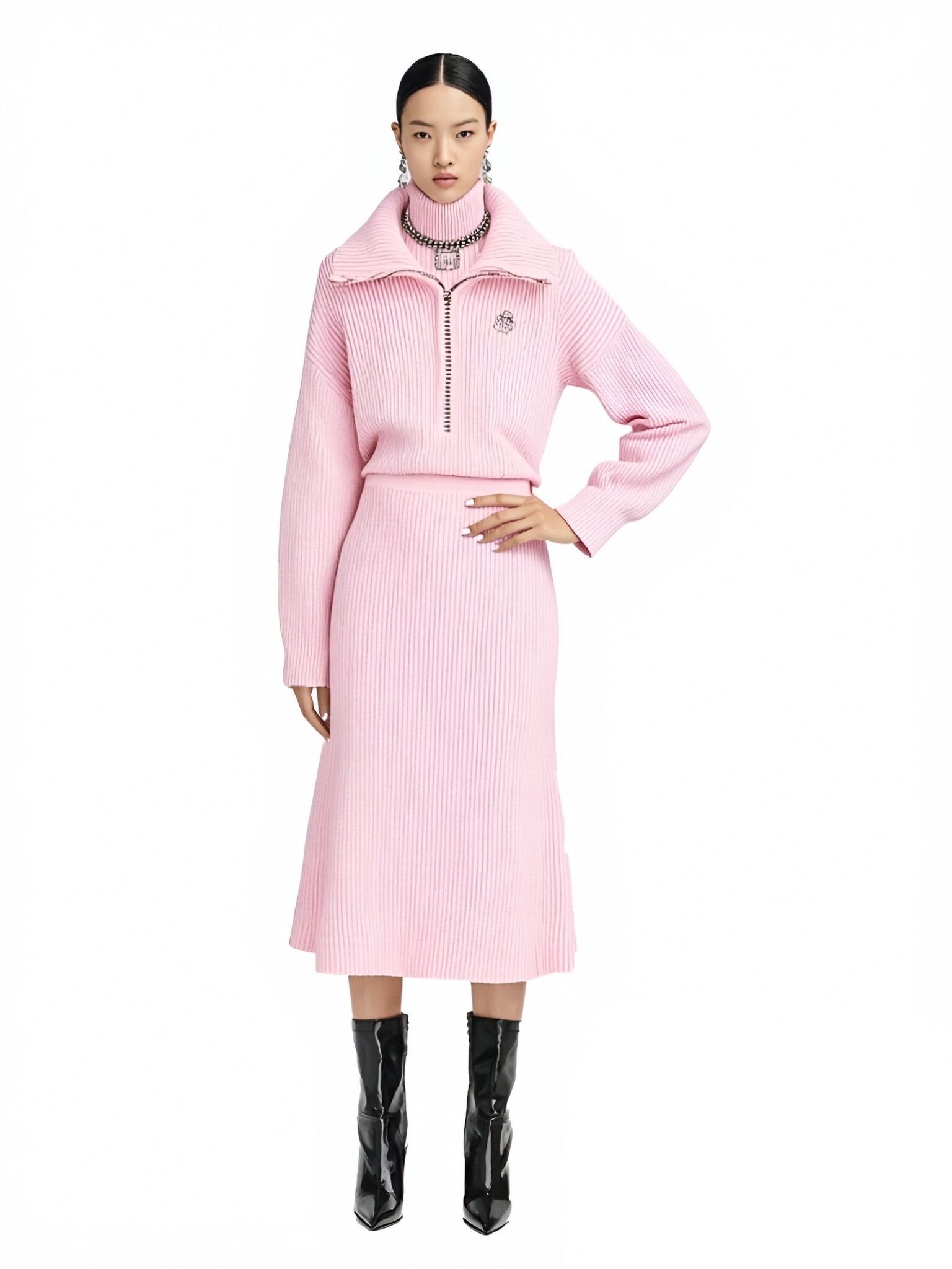 s076Sakura Pink Ribbed Half-Zip Knit Set