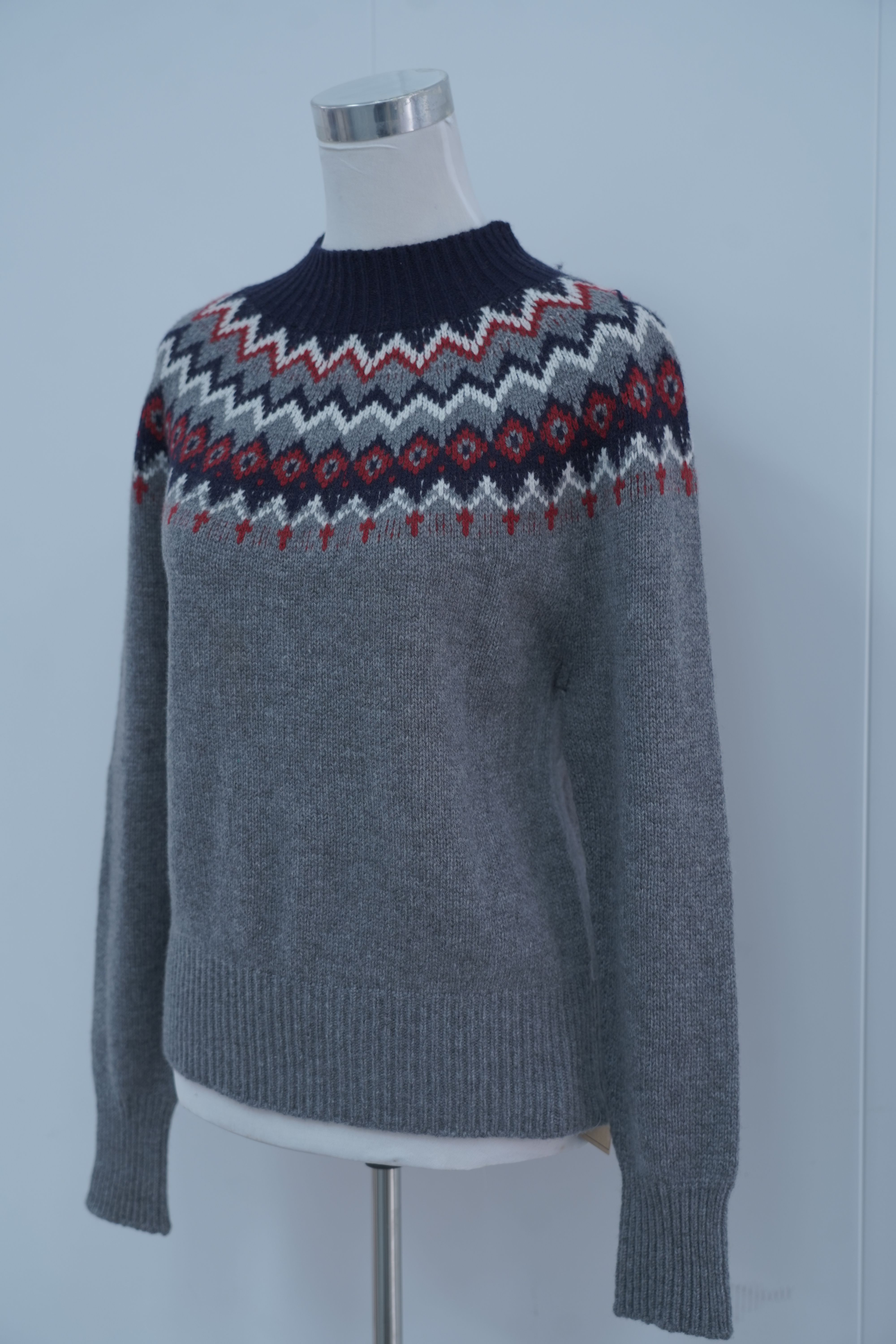 s019Grey Fair Isle Jacquard Mock Neck Knit Sweater
