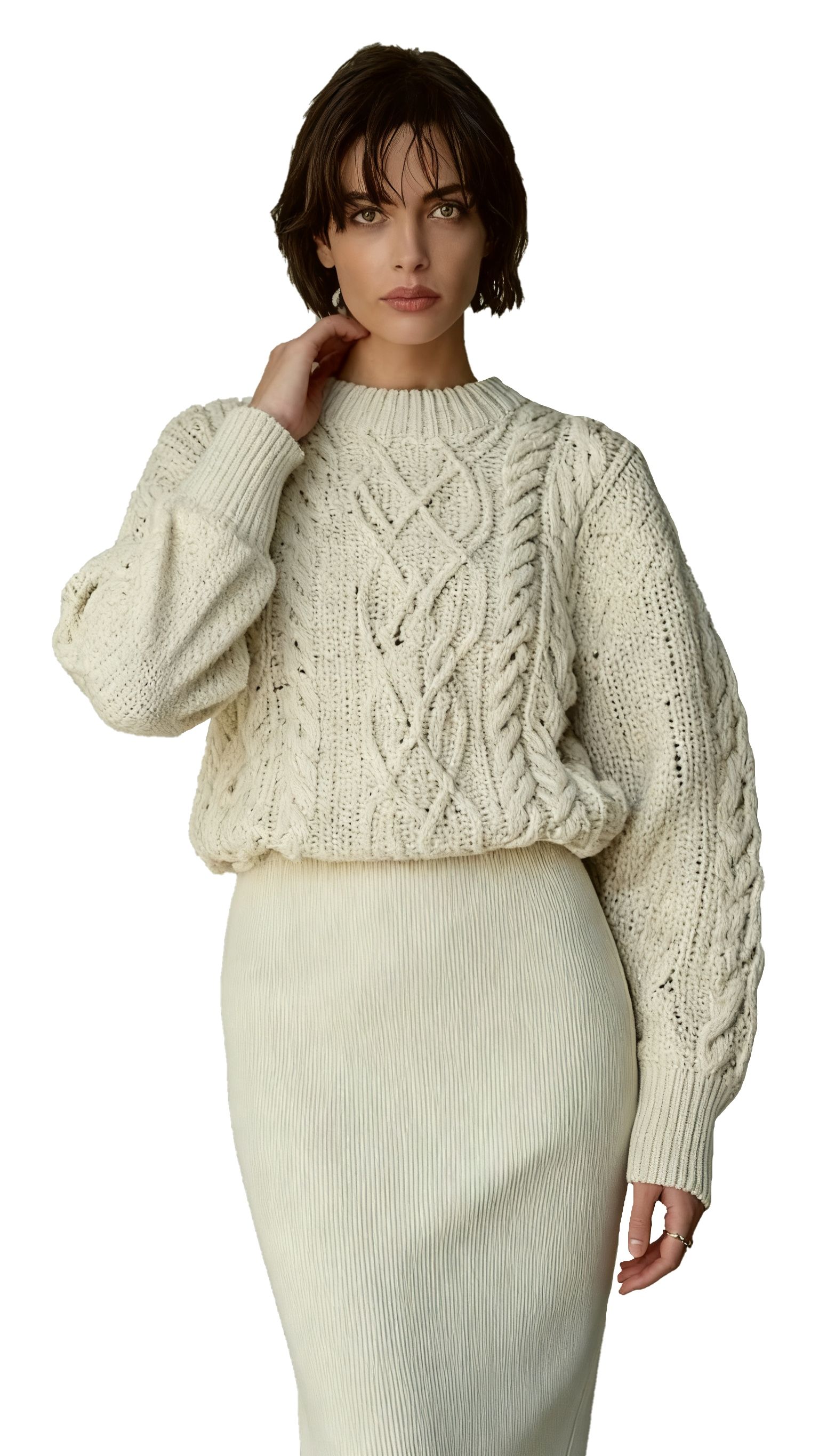 s073Off-White Cable Knit Sweater & Ribbed Skirt Set