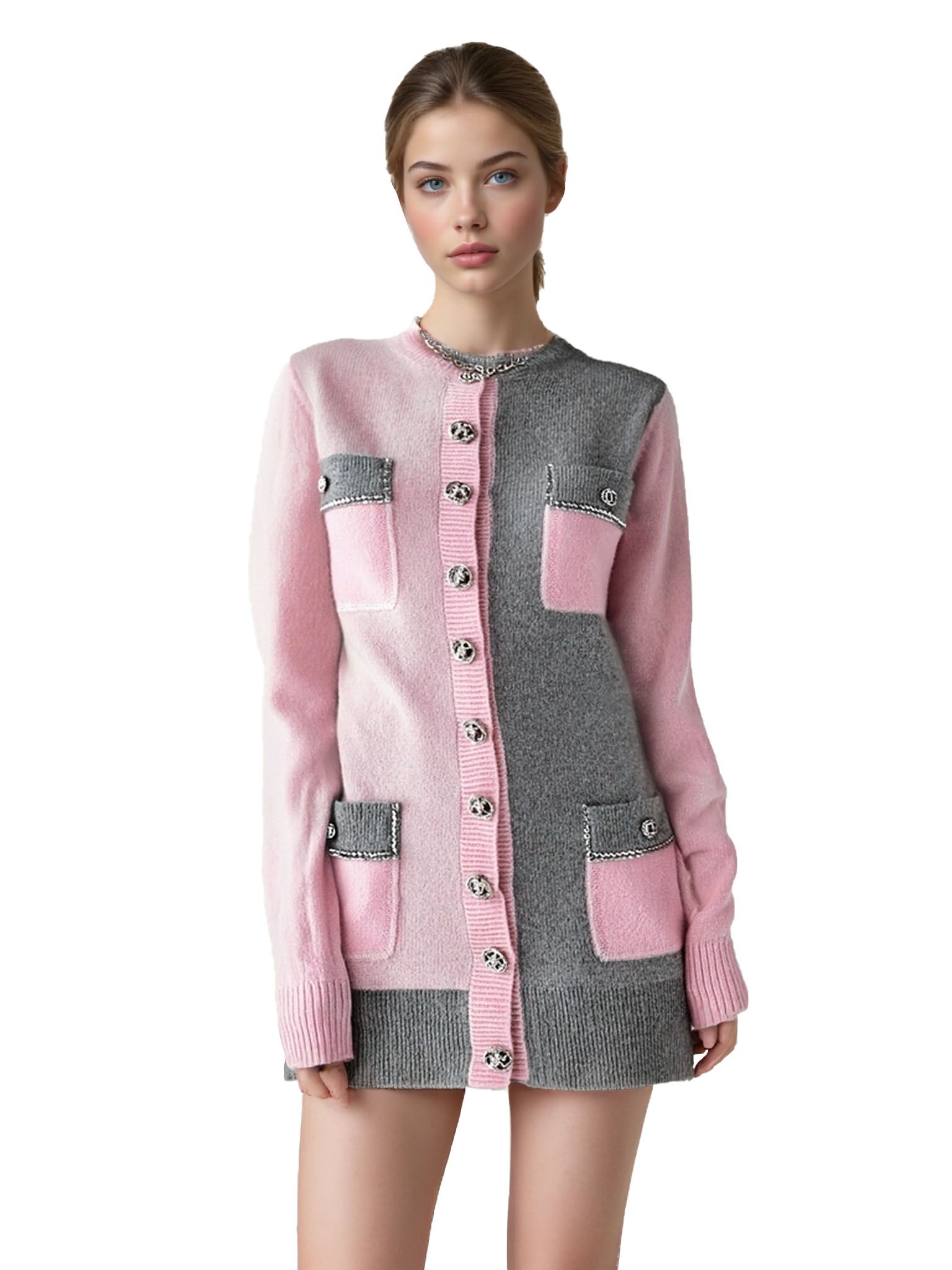 s074Pink & Grey Asymmetric Tweed-Style Knit Cardigan Dress