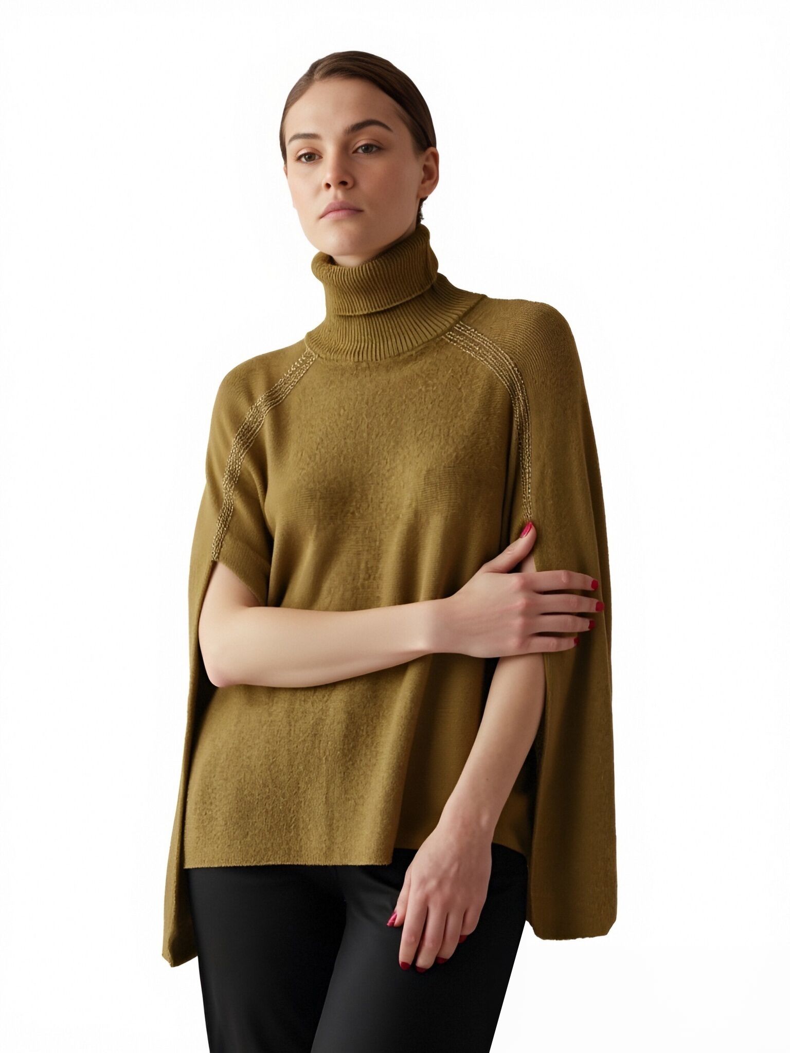 s102Mustard Green Turtleneck Cape Knit Top