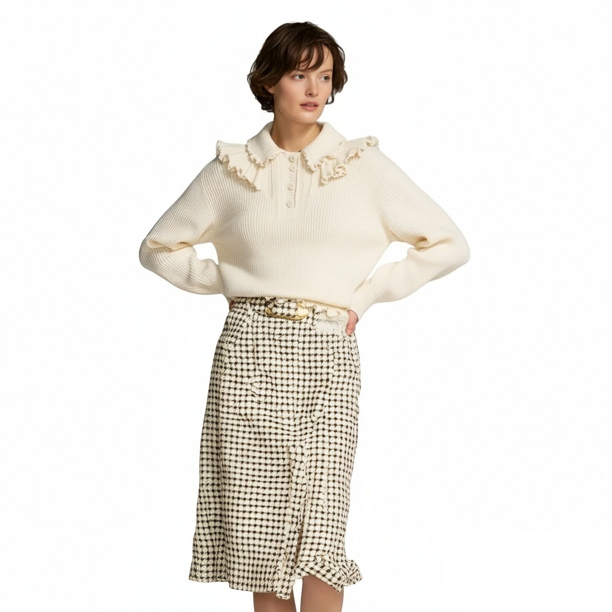 s096Off-White Ruffled Polo Collar Knit Top