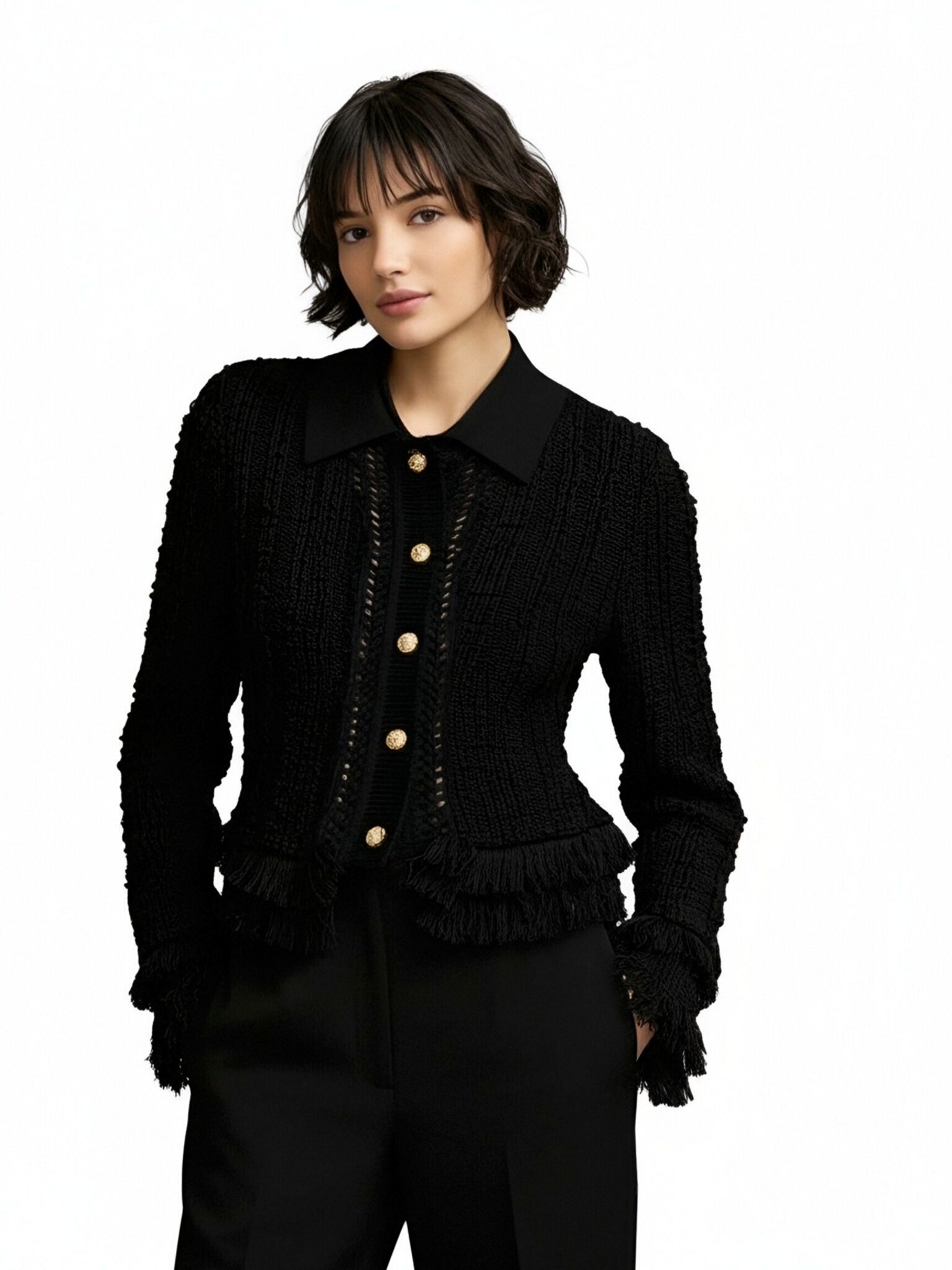 s084Black Textured Fringe Cropped Tweed Jacket