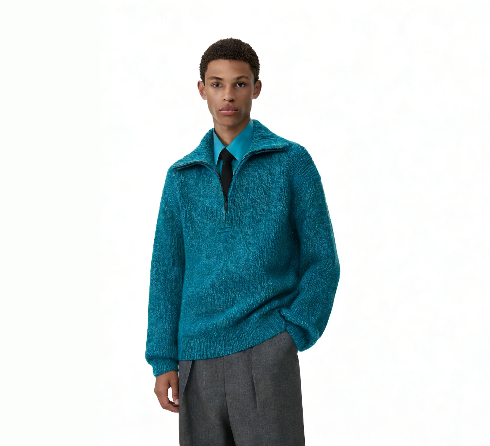 m022Lake Blue Texture Half-Zip Funnel Neck Knit Sweater