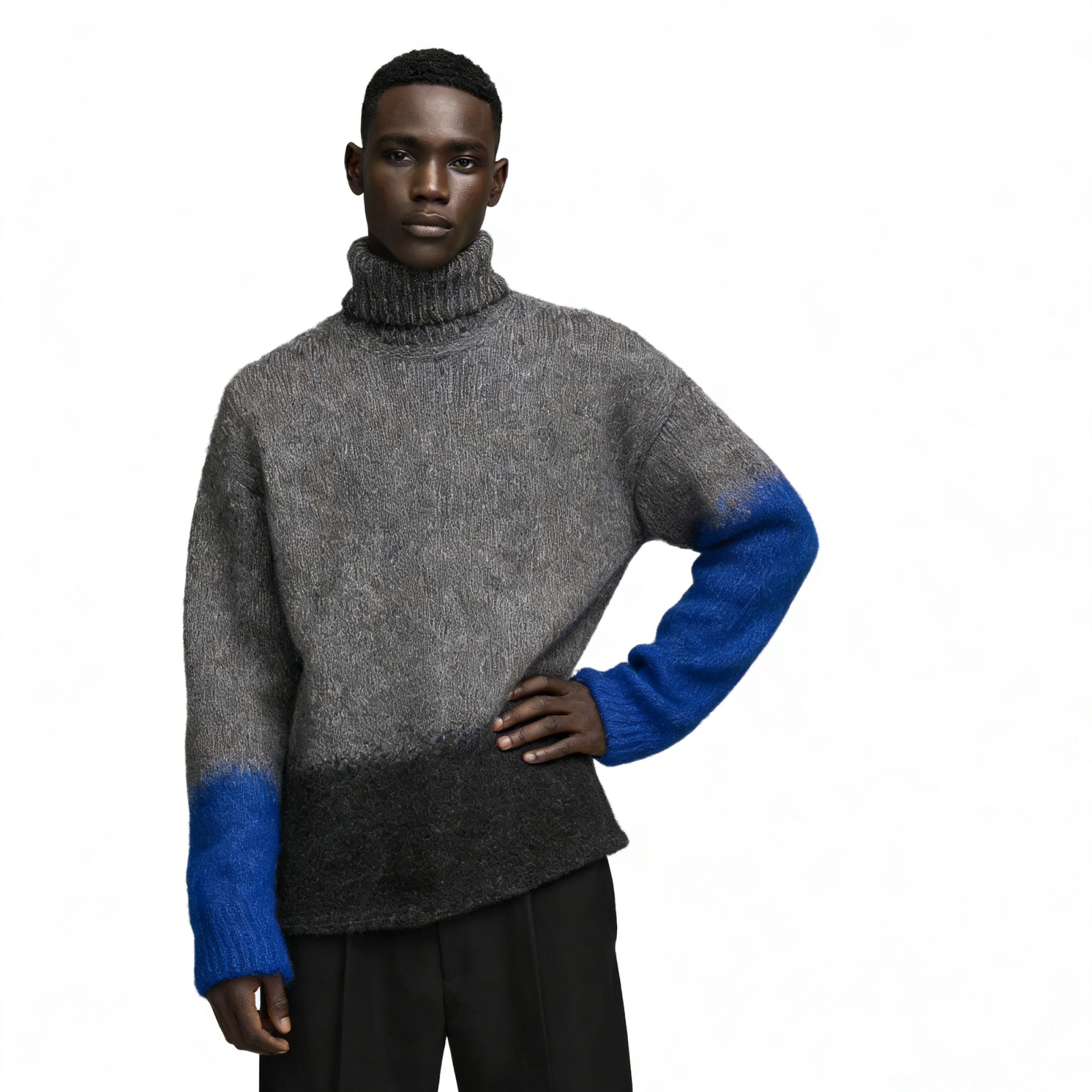 m018Grey-Blue Gradient Turtleneck Knit Sweater