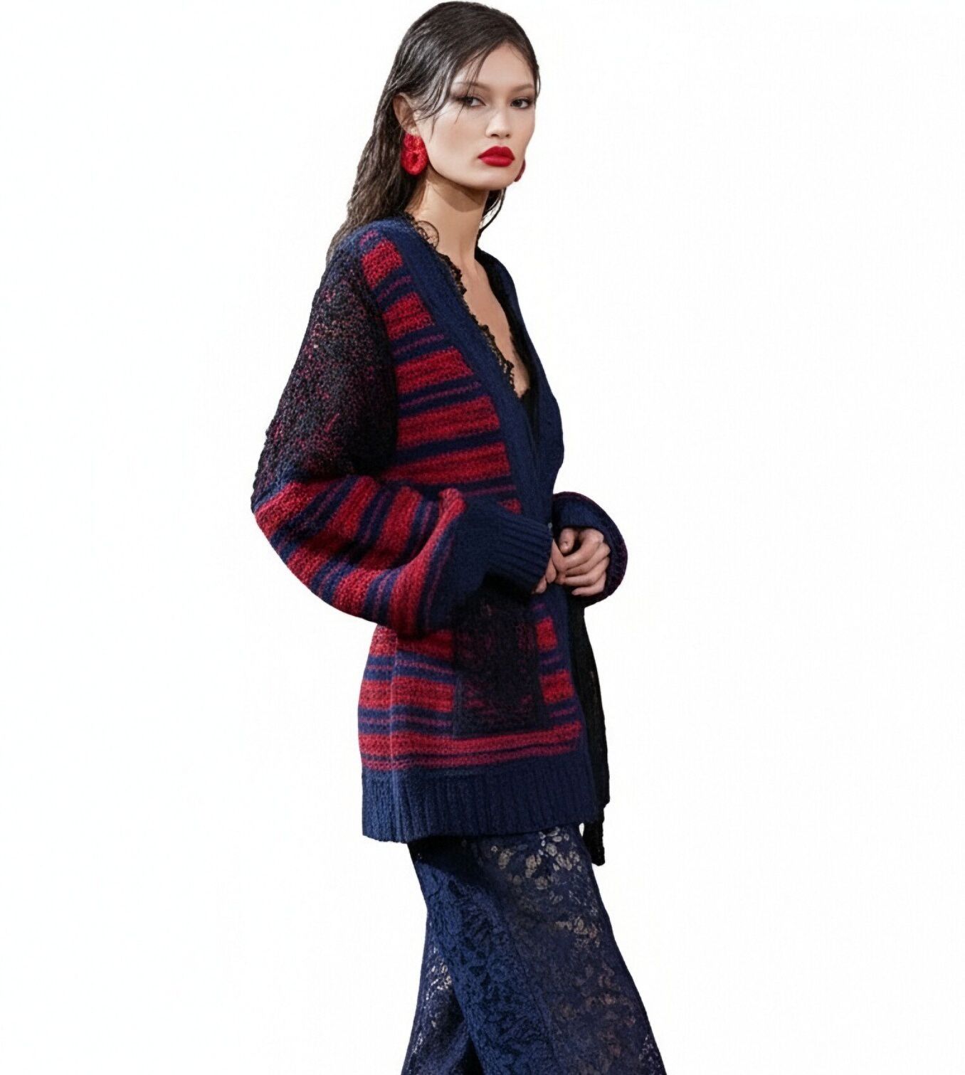 s059Navy Blue & Crimson Contrast Stripe Lace Panel Knit Co-ord Set