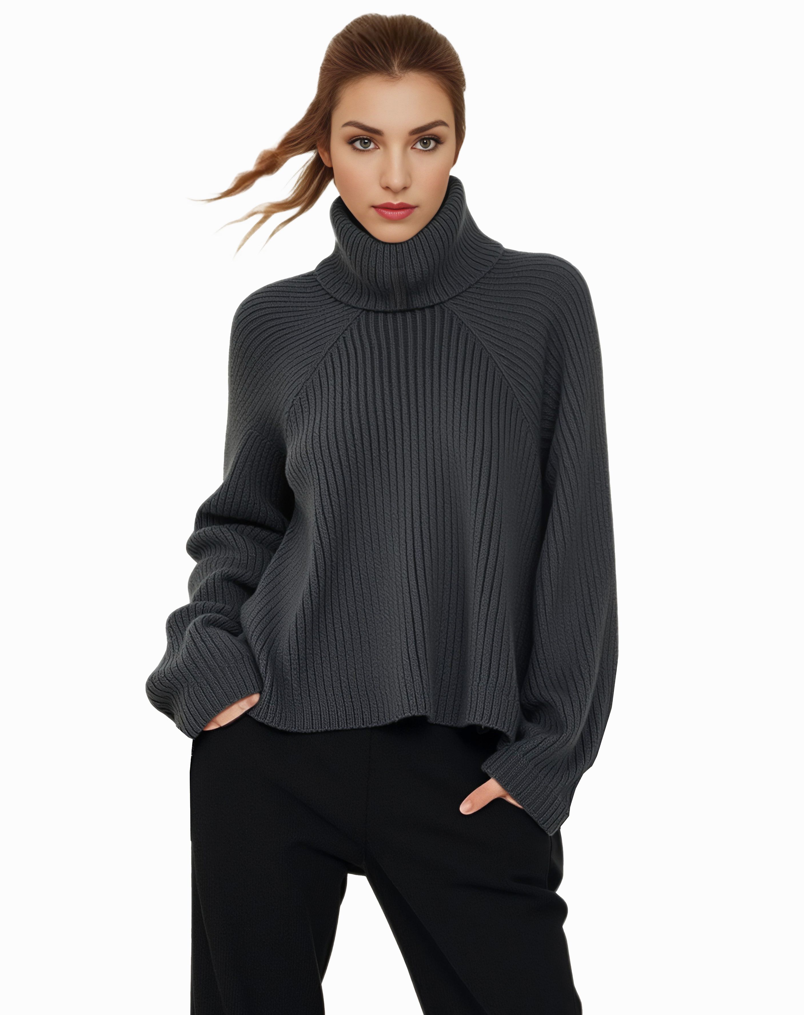 s105Charcoal Ribbed Turtleneck Knit Sweater