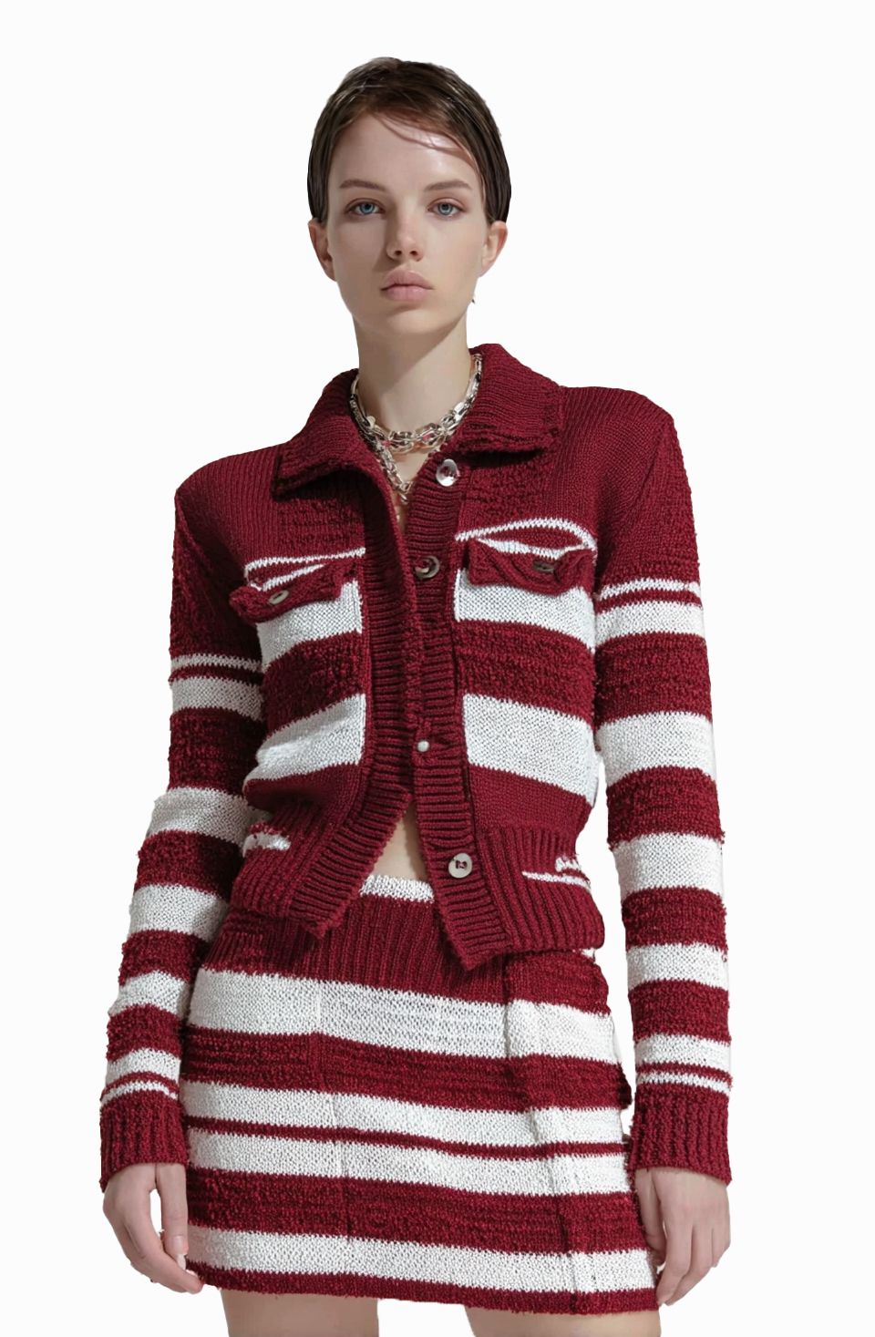 s065Burgundy & White Contrast Stripe Collared Knit Co-ord Set
